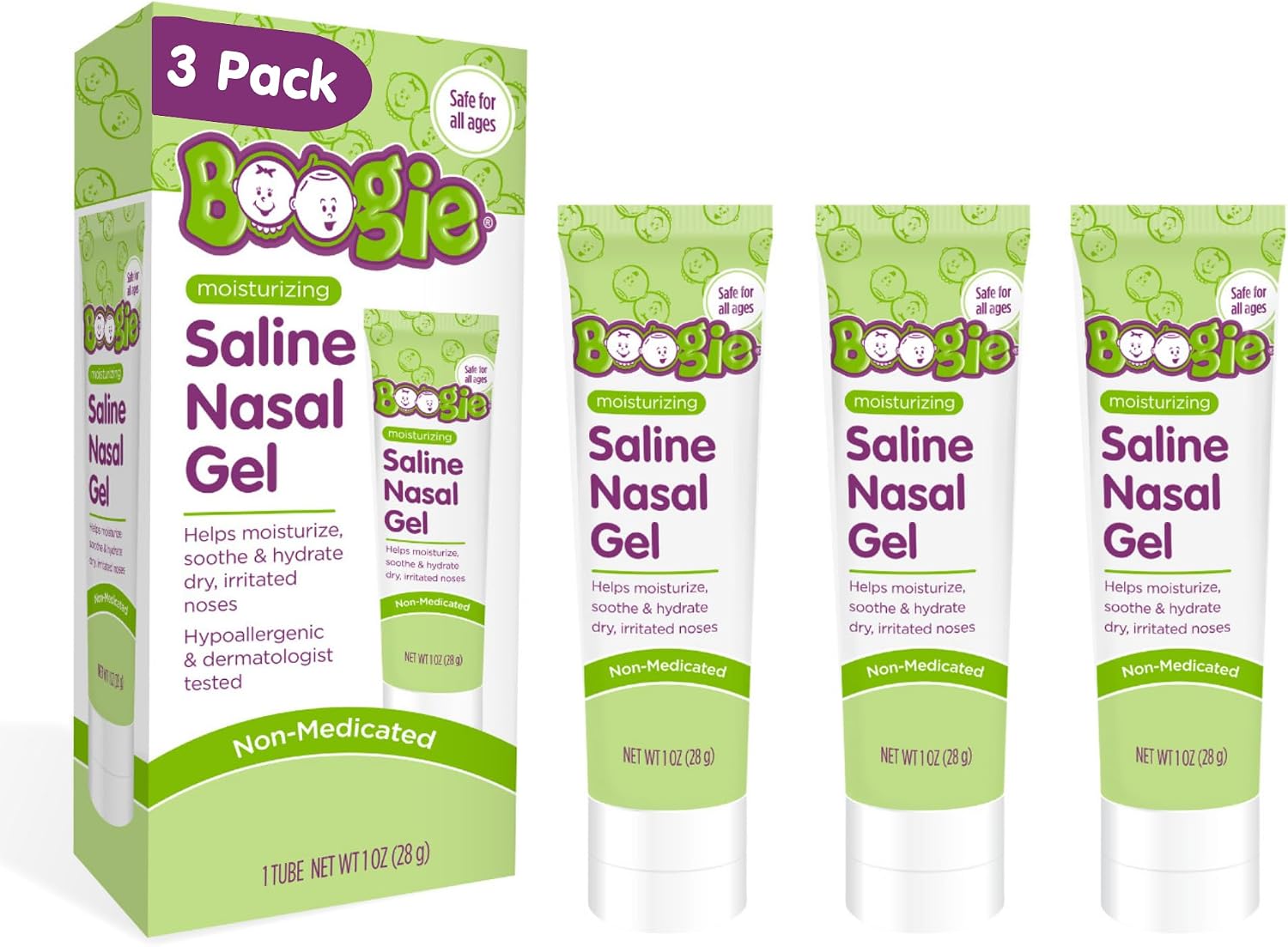 Boogie Moisturizing Saline Nasal Gel for Babies & Kids - 1 oz (3 Pack) | Fragrance Free - Drug-Free Formula - Made with Aloe and Natural Saline - Soothes and Hydrates Dry or Irritated Noses