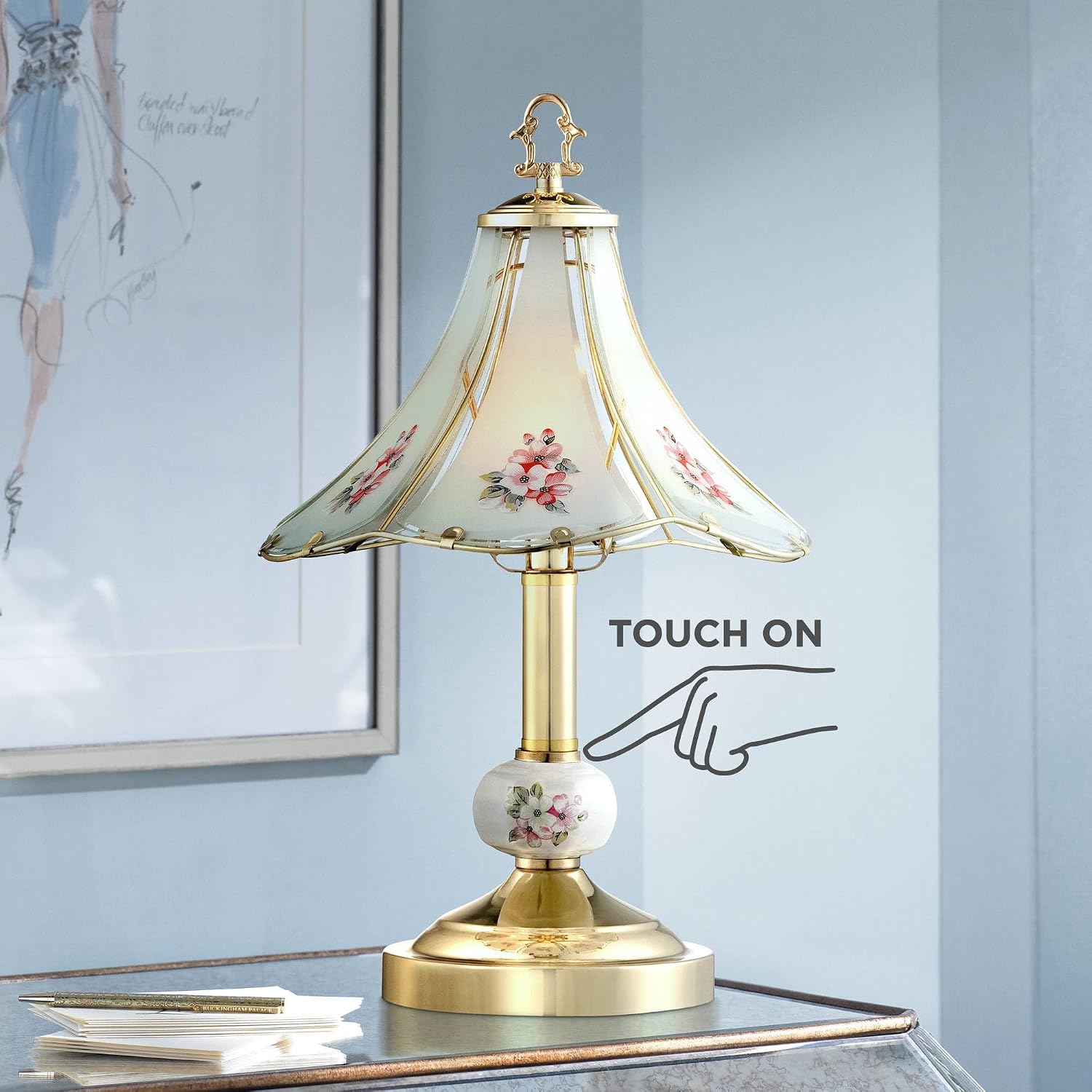 Flower Petal 16" Small Table Lamp Gold Touch Polished Brass On-Off Glass | Etched Floral Traditional Vintage Metal Bedroom House Bedside Nightstand