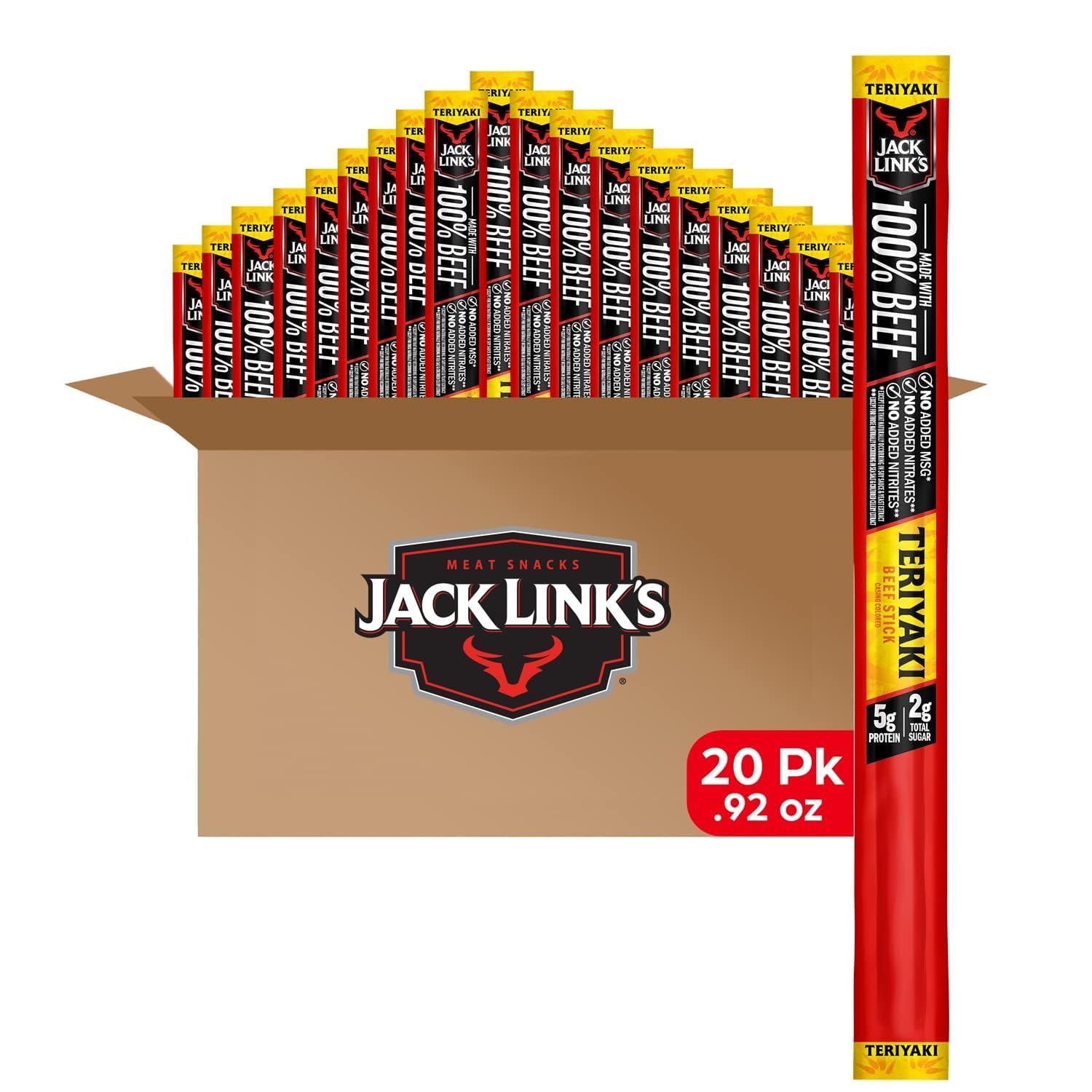 Jack Link's Original Beef Jerky Sticks - Made with 100% Real Beef - Ready to Eat Real Meat Protein Snacks - 6g Protein per Serving - 0.92 oz Meat Stick, 20 Count