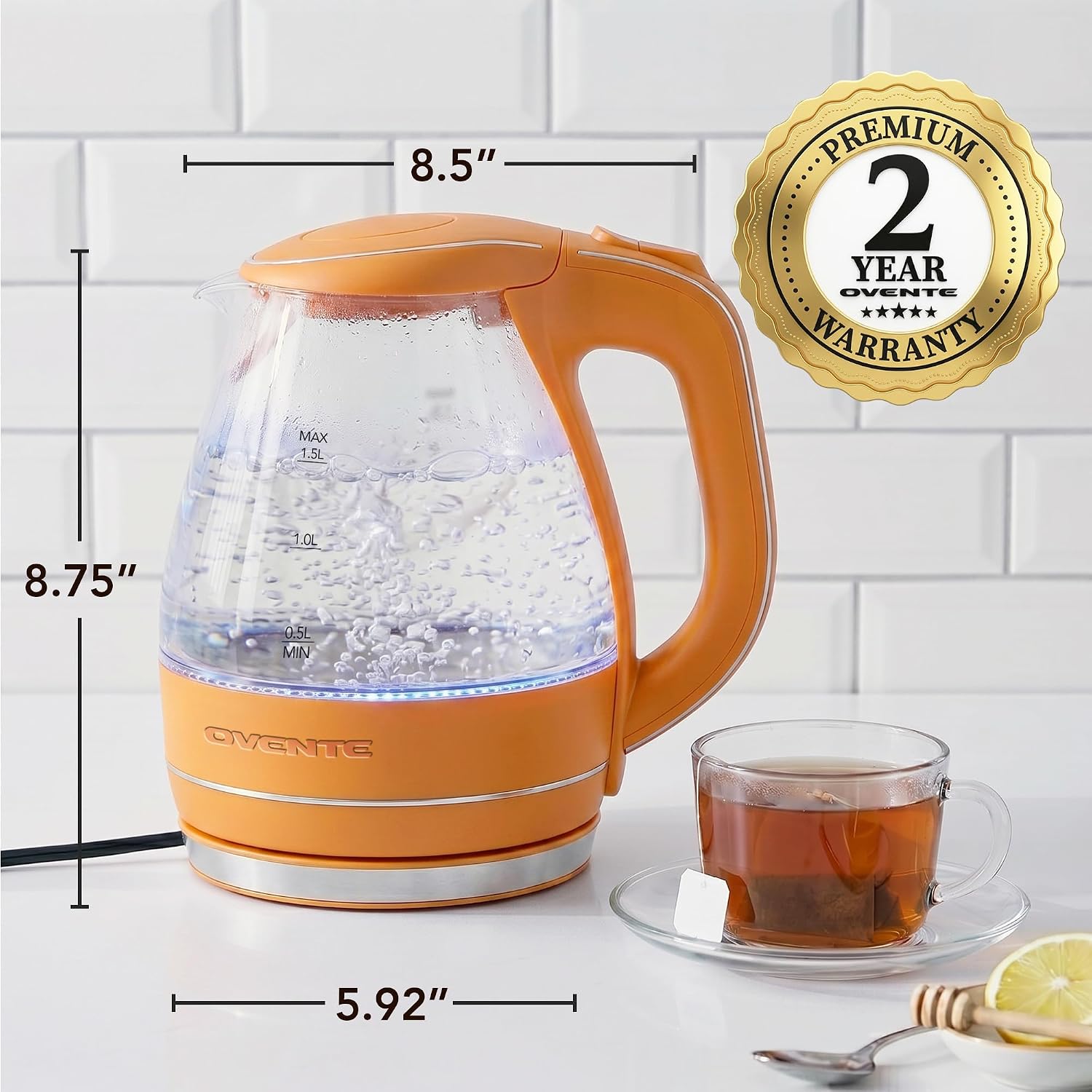 OVENTE 1.5L Glass Electric Kettle Water Boiler, Black KG83B | 1100W Fast Boiling, Borosilicate Glass, BPA-Free, Blue LED, Auto Shut-Off, Boil-Dry Protection, Removable Filter, 360° Base