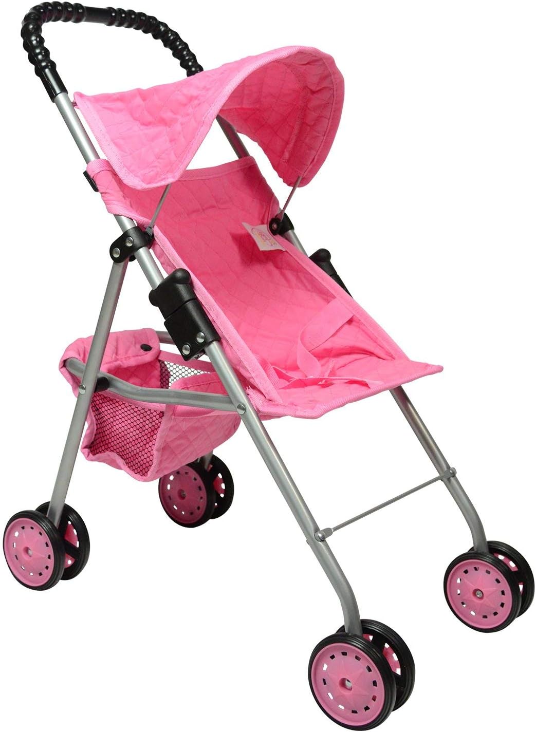 The New York Doll Collection My First Doll Stroller with Basket & Heart Design Foldable Doll Stroller, Pink