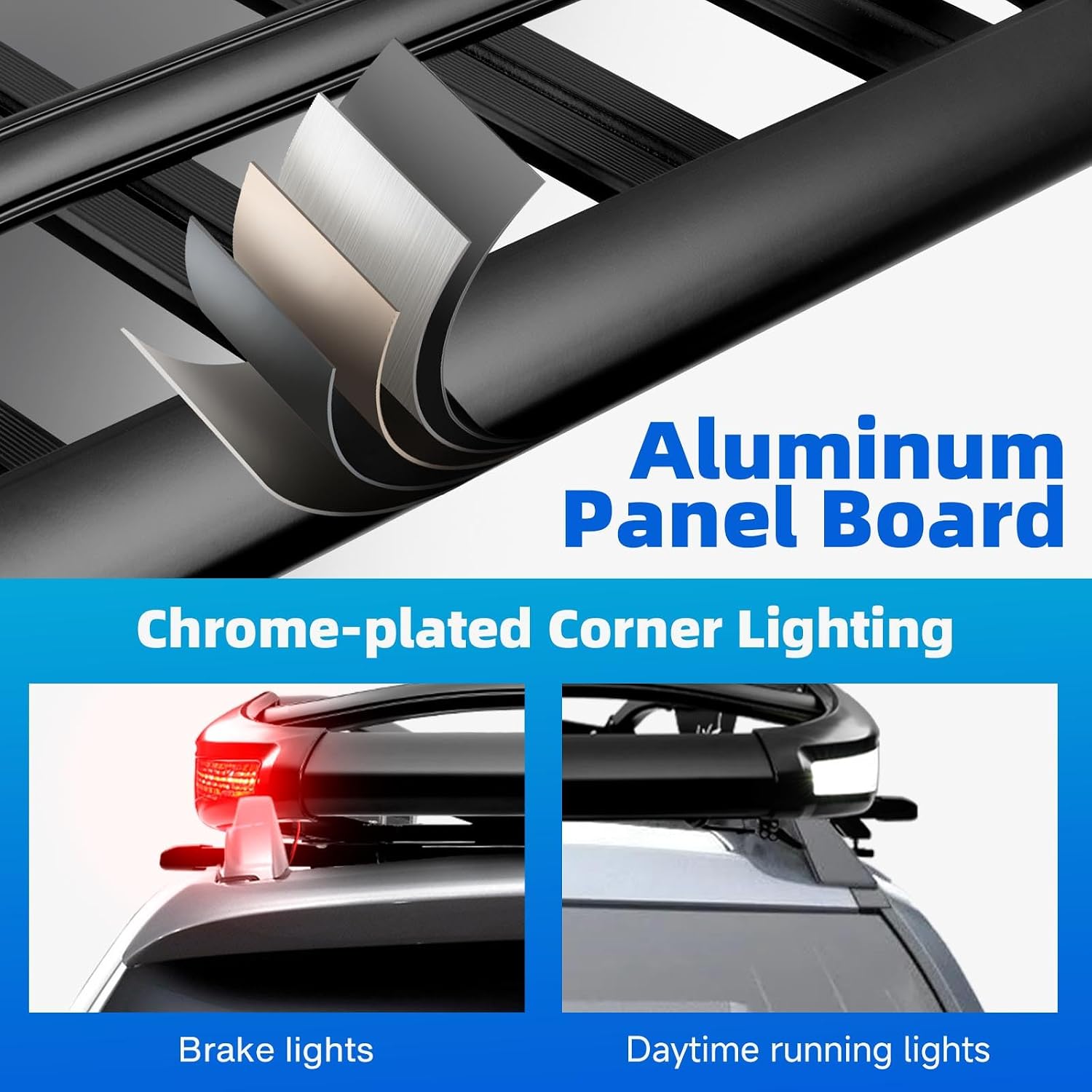 JMTBNO Roof Rack Cargo Carrier Basket, 55 * 40inch | Brake Lights, 2PCS Shark Clip Crossbars, Double Layer Aluminum, Universal for SUV Trucks Cars