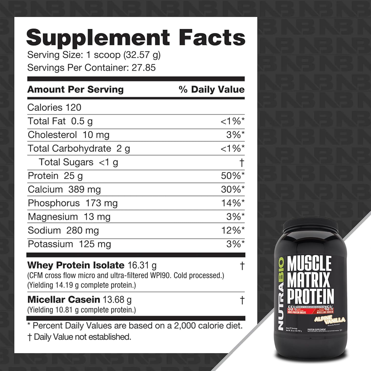 NutraBio Muscle Matrix Protein Powder - 25g of Protein Per Scoop - Whey Isolate and Micellar Casein Combo for Fast and Slow Release - Vanilla - 2 Pounds, 28 Servings