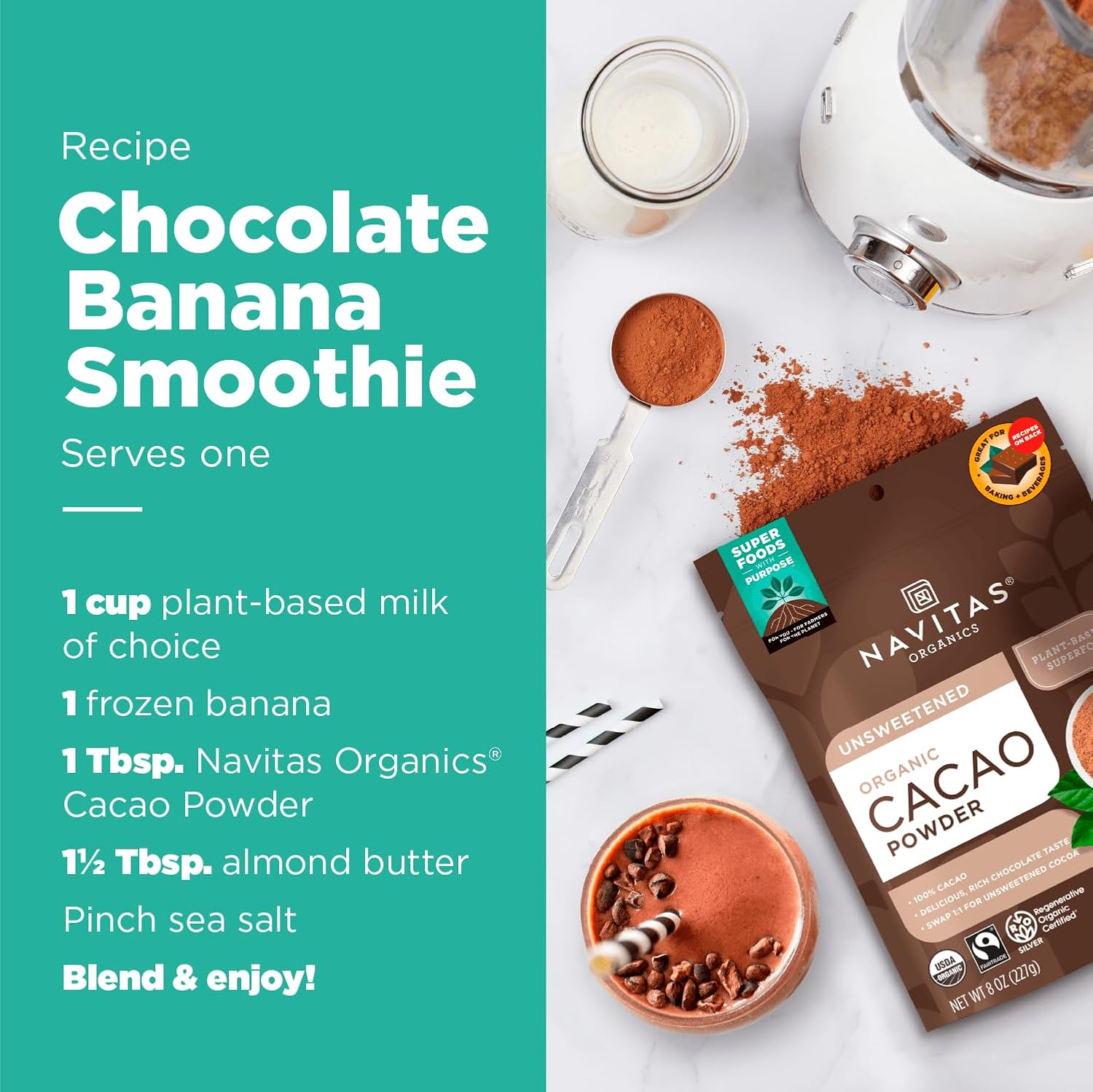 Navitas Organics Cacao Powder - Cocoa Powder Substitute 1:1, For Hot Chocolate, Baking & More - Regenerative Organic Certified, Non GMO, Fairtrade