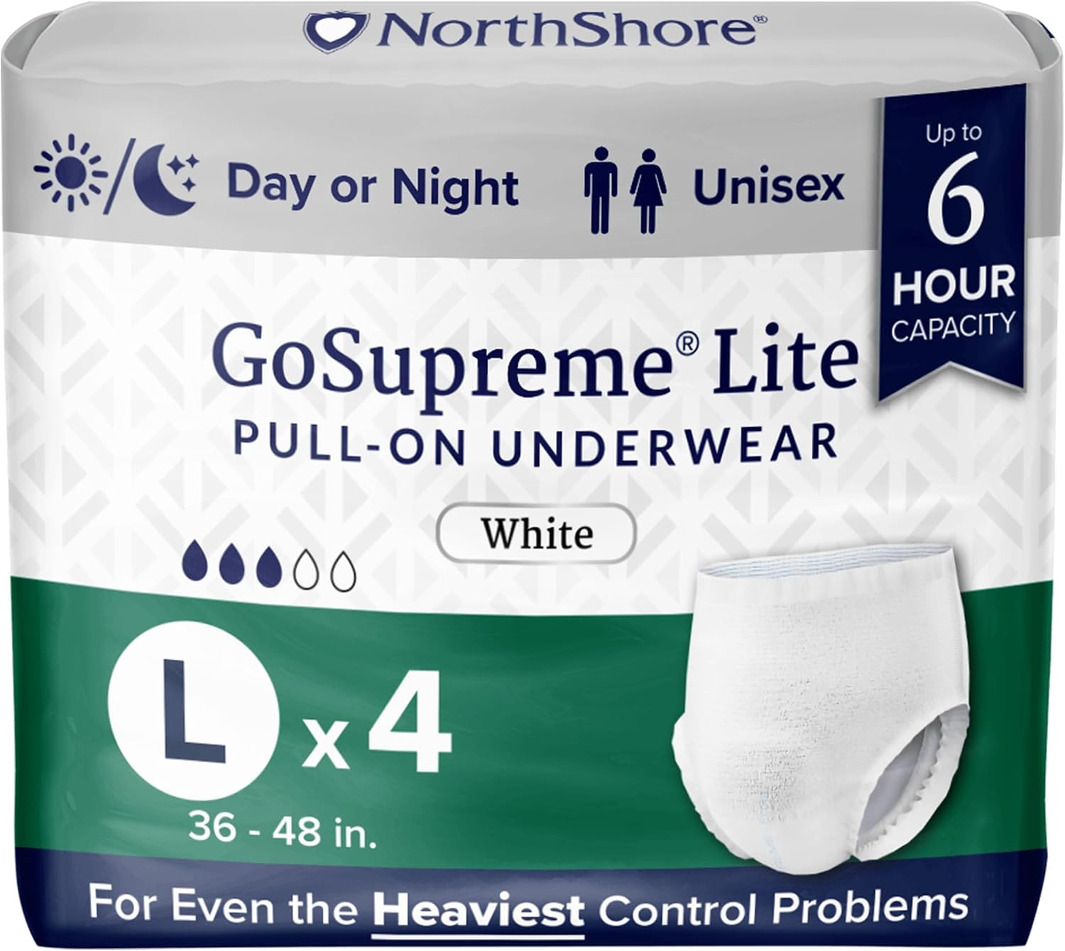 NorthShore GoSupreme Lite 6-Hour Daytime Underwear, White, Medium, 14 Count