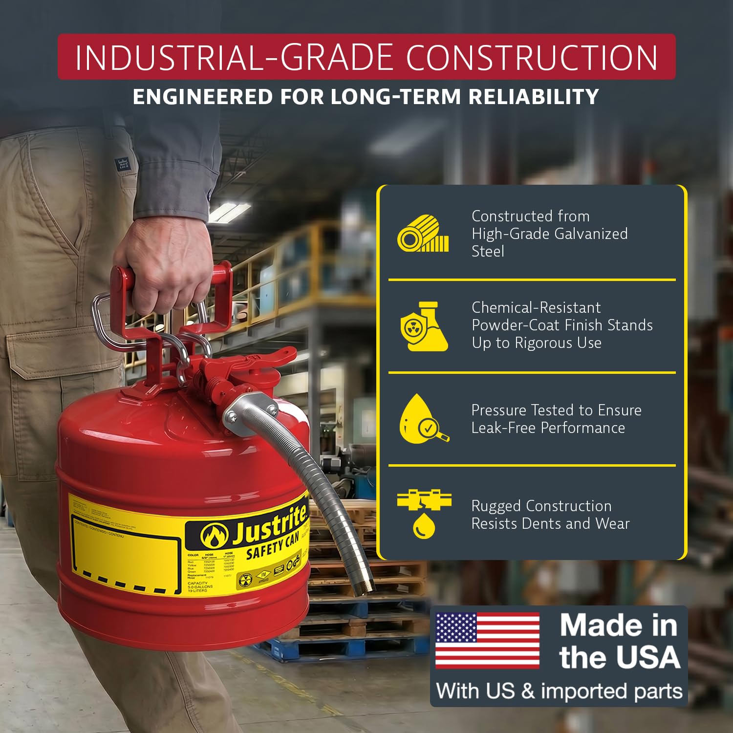 Justrite Type II Gasoline Safety Can, Red Galvanized Steel, FM Approved | Flammable Liquid Storage Can with Controlled Pouring, 5 Gallon Capacity