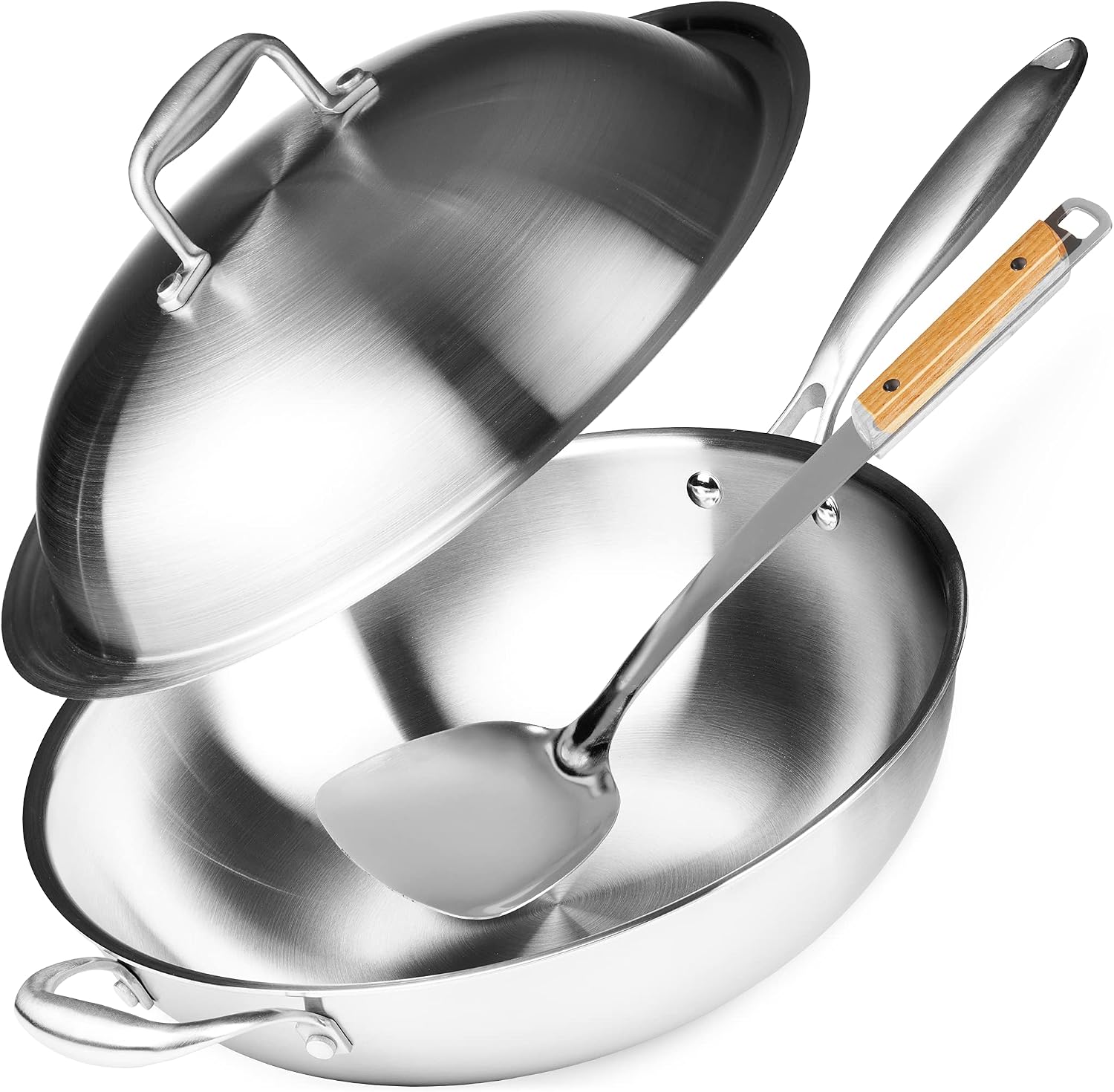 Willow & Everett Stainless Steel Flat Bottom Wok Pan, Professional Traditional Stir Fry Cookware w/Domed Lid & Spatula