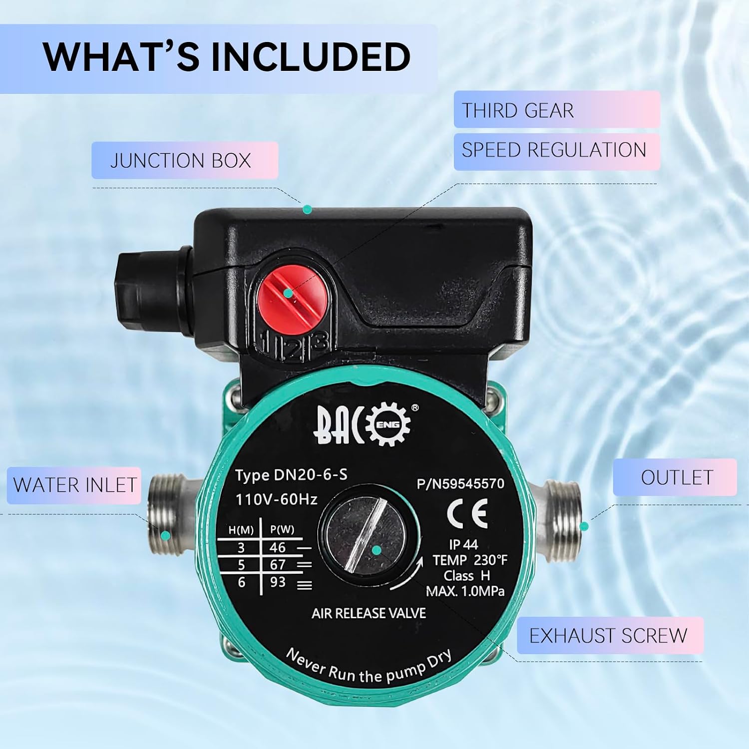 BACOENG Hot Water Recirculating Pump, Stainless Steel Head, Circulation Pump NPT 3/4", 3-Speed Control, Circulating Pump for Water Heater System