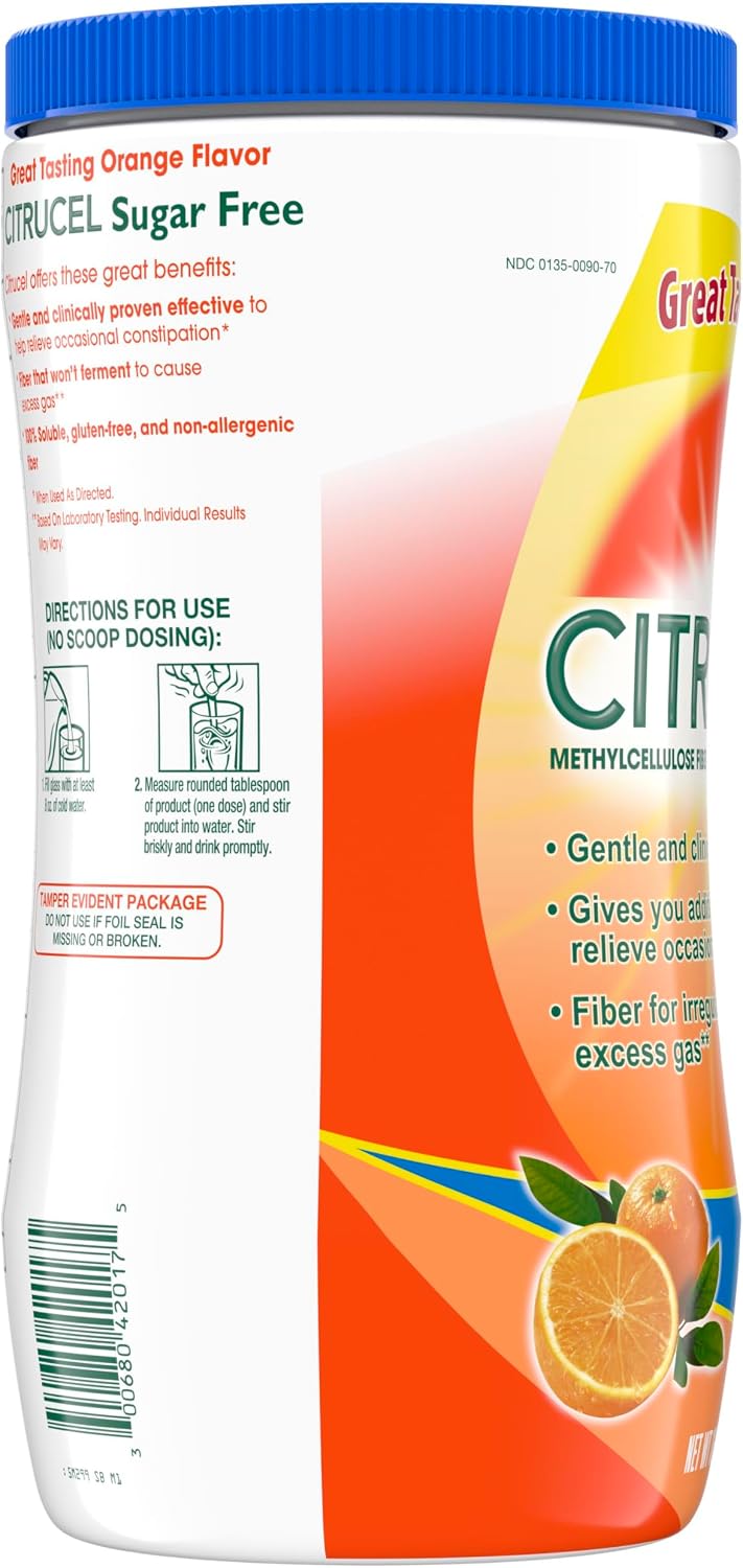 Citrucel Powder Fiber Therapy for Occasional Constipation Relief, 16.9 oz | Sugar Free, Methylcellulose Fiber Therapy for Irregularity That Won't Cause Gas, Orange Flavor