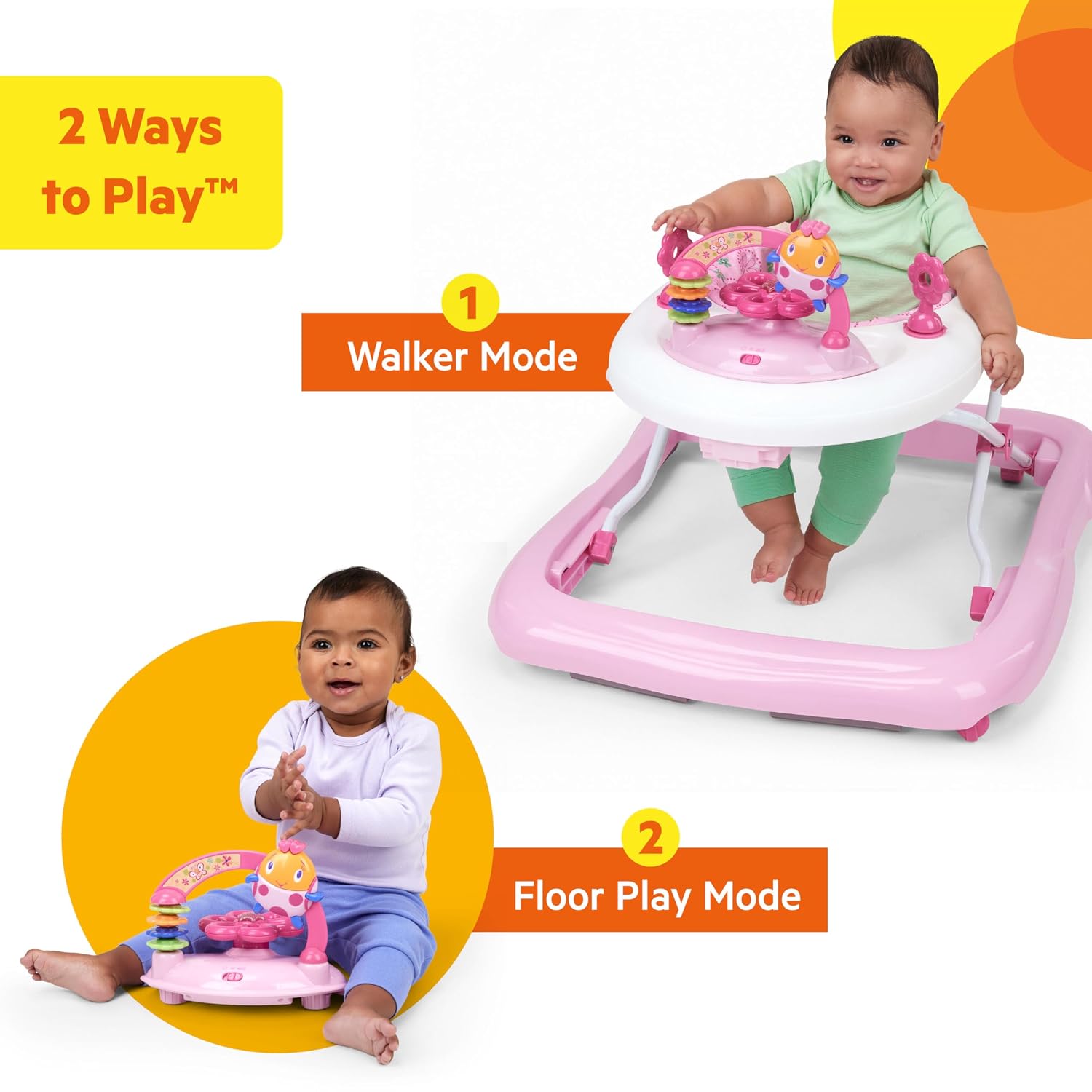 Bright Starts JuneBerry Walk-A-Bout Baby Walker and Entertainer, with Easy Fold Frame for Storage, Ages 6 Months +