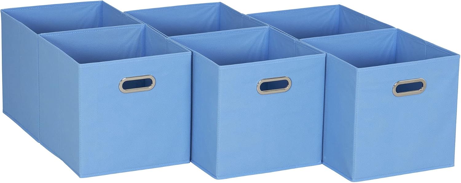 Household Essentials Fabric Storage Bins 6 Piece Set, Strong Poly-Woven Fabric, Sturdy Chipboard Sides, Grommet Front Handle, Stackable and Foldable, Classic Design, Navy