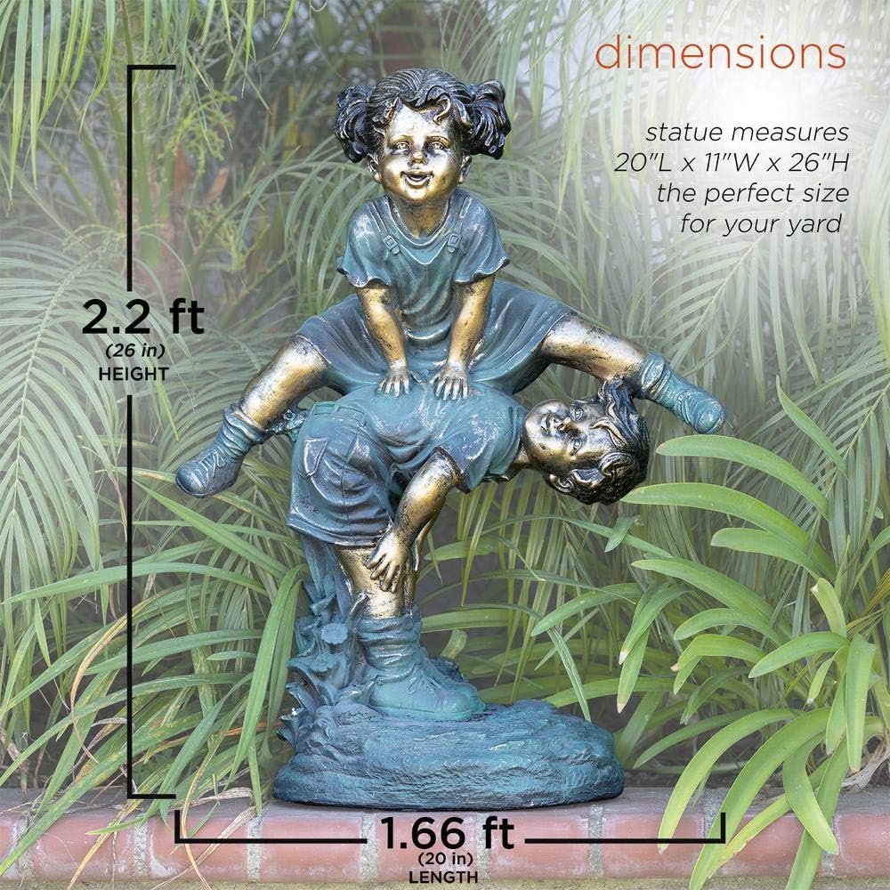 Alpine Corporation 26" Tall Indoor/Outdoor Girl Jumping Over Boy Statue Yard Art Decoration