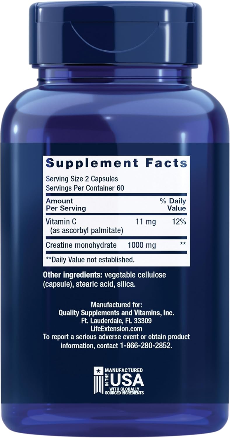 Life Extension Creatine Capsules – Creatine Monohydrate – Promotes Strength, Lean Muscle, Healthy Endurance – Non-GMO