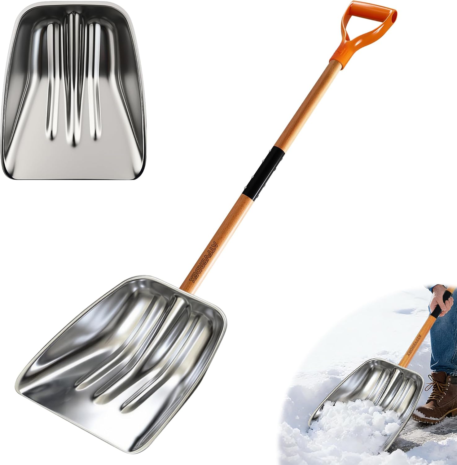 Scoop Shovel, Snow Shovel for Driveway, Non-Slip Wood Handle, D-Handle | Clear Snow