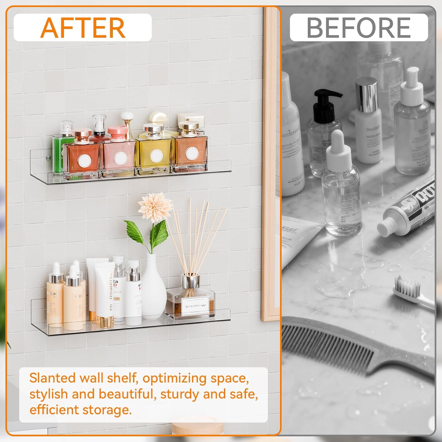 2 Pack Clear Acrylic Shelves for Wall with Adhesive, 15 Inch No Drill Floating Shelves for Bathroom, Bedroom, Renter Friendly, Kids Room Bookshelf