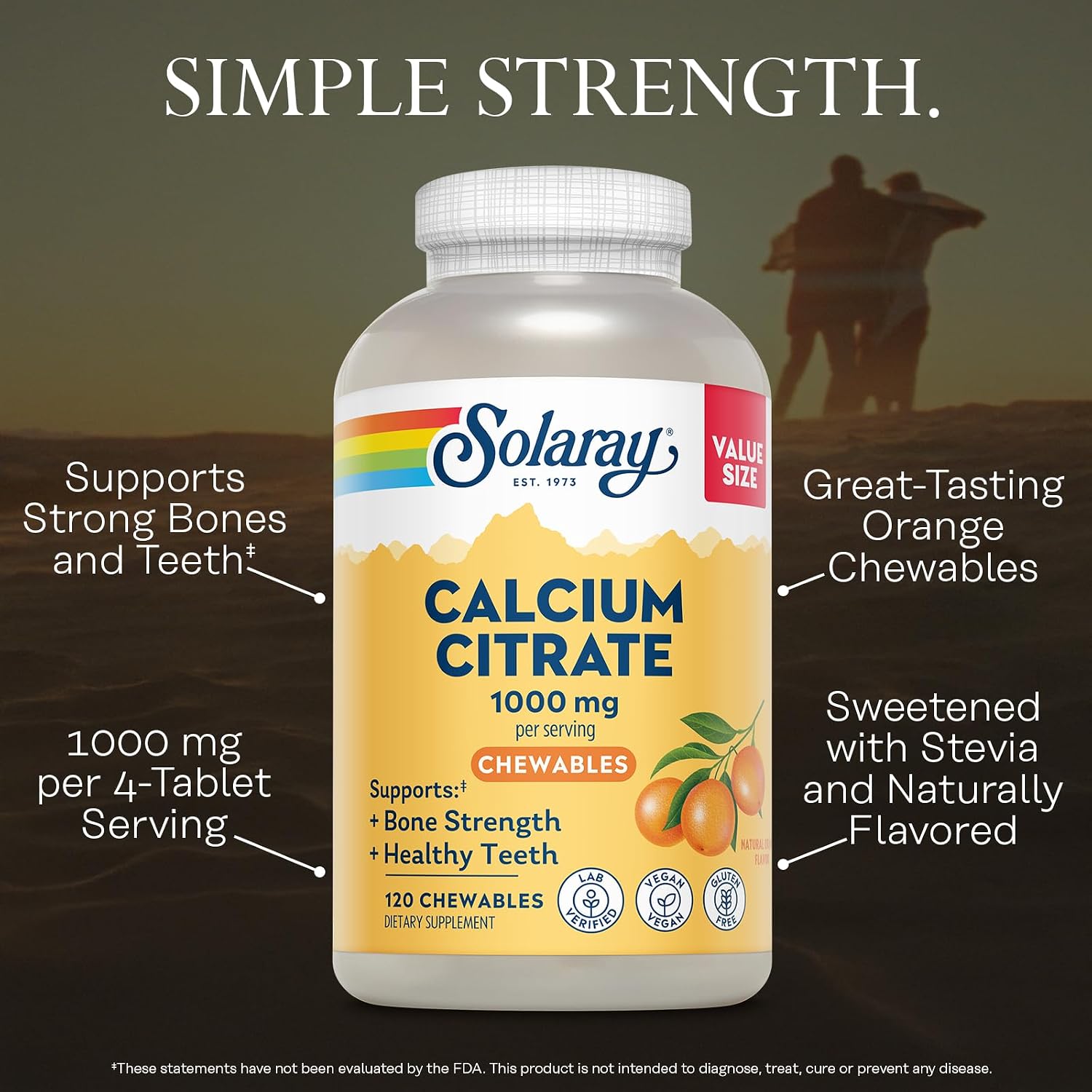 SOLARAY Calcium Citrate 1000 mg, Orange Flavor, 60 Chewables | Bone & Teeth Support - Natural Orange Flavor - 1000 mg Calcium Citrate - 15 Servings - Vegan, Gluten Free, Lab Verified