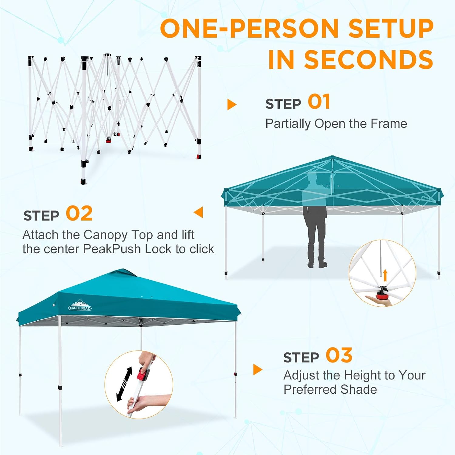 EAGLE PEAK 10x10 Pop Up Canopy Tent Easy Up Canopy Outdoor, White | Patented PeakPush™ Center Lock, 1 Person Setup Portable Pop Up Tent, Beach, Markets, Camping Sport Events, Wheeled Carry Bag