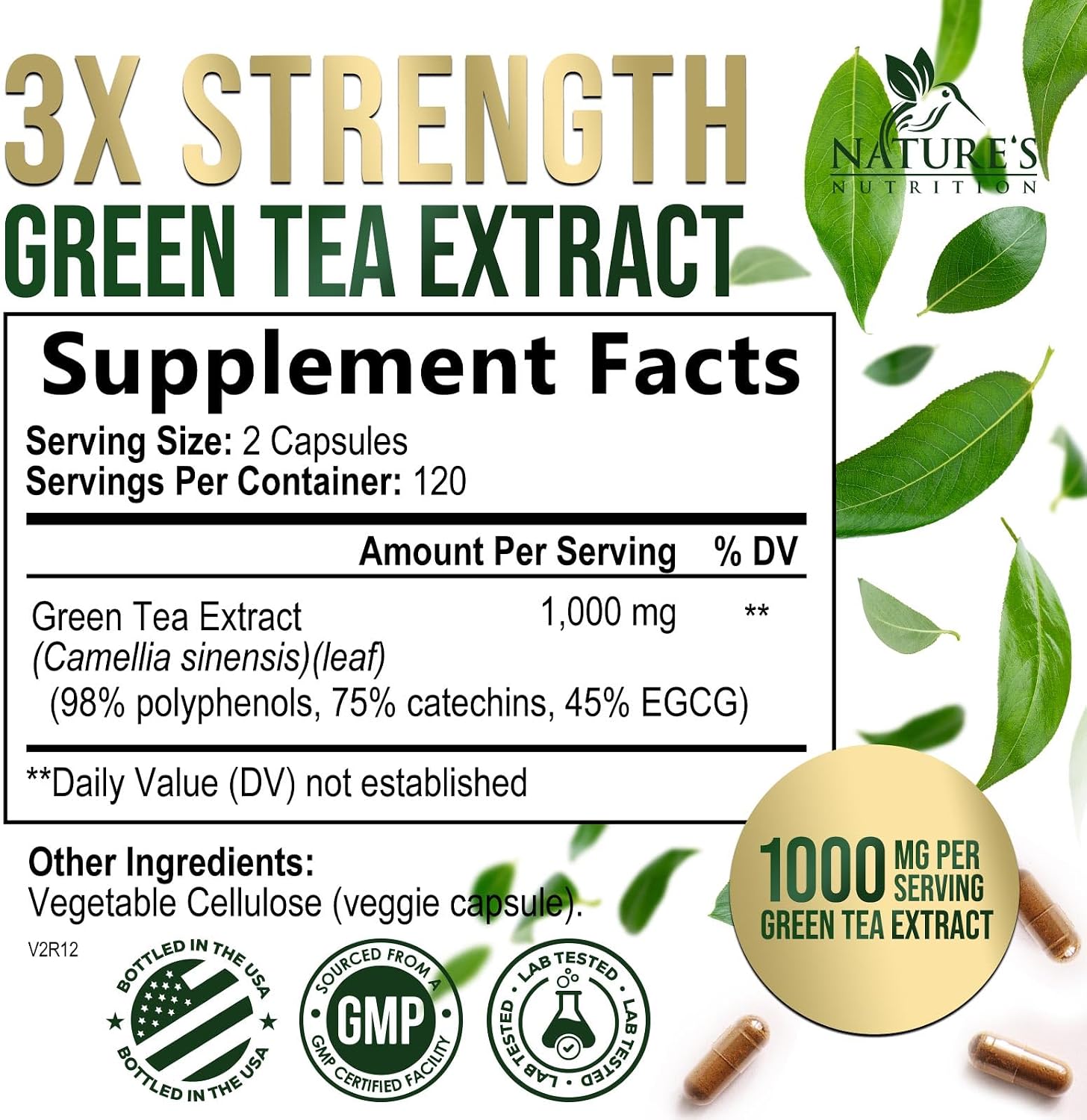 Green Tea Extract Capsules - 3X Strength Green Tea Extract 1000 mg Per Serving Pills with 45% EGCG & 98% Polyphenols for Natural Energy - Antioxidant Herbal Heart Support Supplement - 240 Capsules