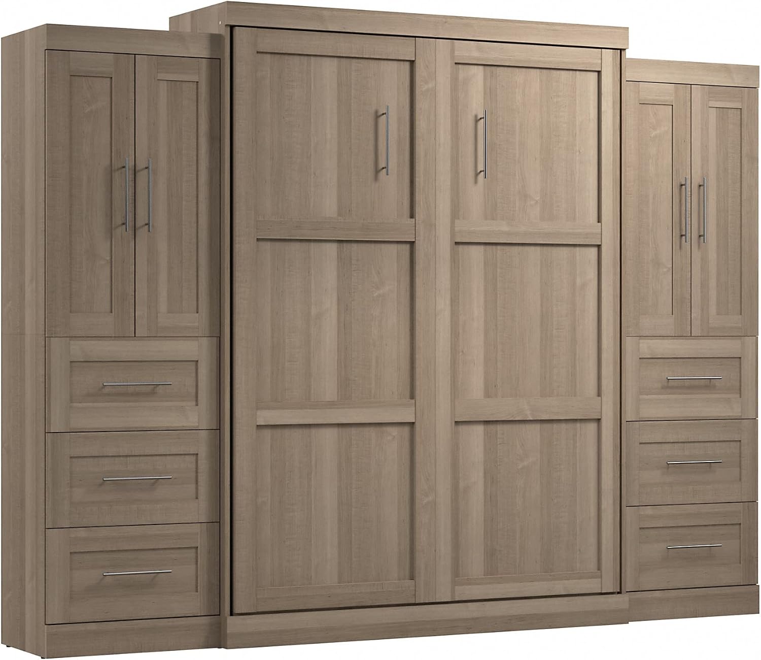 Bestar Pur Full Murphy Bed and 2 Shelving Units with Drawers, 109-inch Space-Saving Sleeping Arrangement in White | 2 Shelving Units with Drawers; supports up to 1000 lb; min. ceiling height 86.4 in.; dual piston mechanism; 10-year warranty
