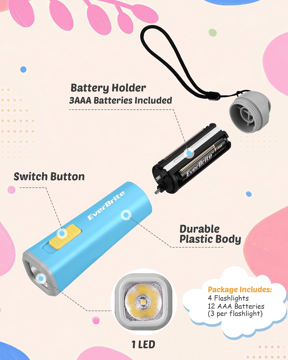 EverBrite Mini Flashlights 6-Pack Mix Colors, Batteries Included | Small, Lightweight, 18 AAA Batteries, 6-Color Set, 9-LED, Wrist Lanyards, for Home, Camping & Emergency use, Holiday Gifts