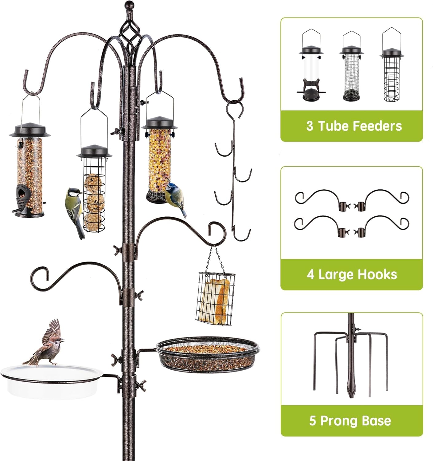 Deluxe Bird Feeding Station Kit with Multi Feeder Hanging Pole, Metal Suet Feeder, Bird Bath