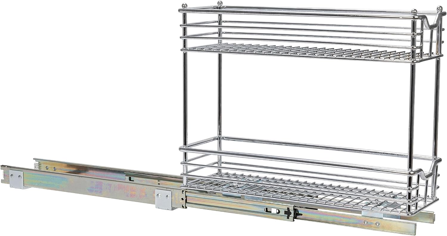 Household Essentials Glidez 2‑Tier Multipurpose Chrome‑Plated Steel Pull‑Out/Slide‑Out Under Cabinet Organizer, Chrome Finish