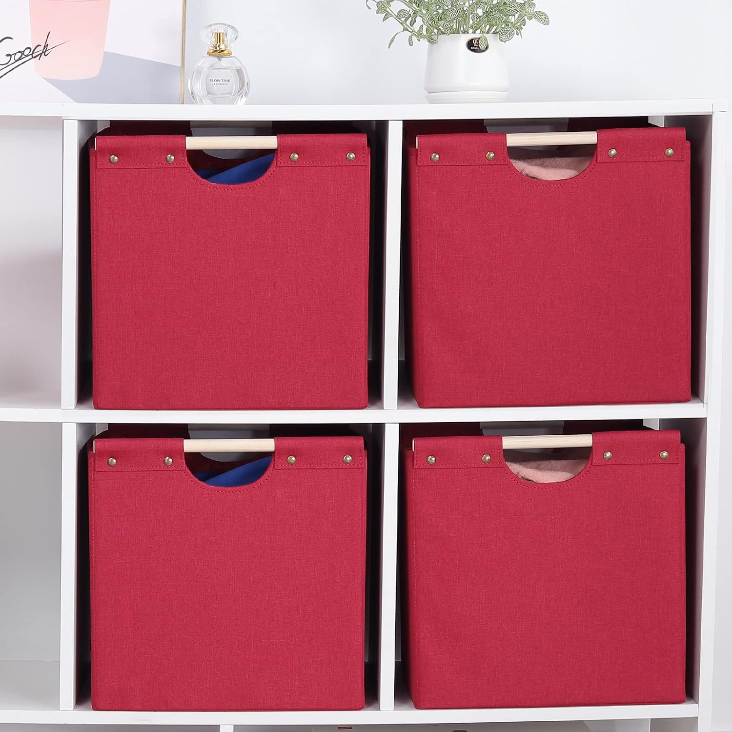HOONEX Large Collapsible Storage Bins, Linen Fabric, 2 Pack, Storage Baskets with Wooden Carry Handles and Sturdy Heavy Cardboard, for Home, Office