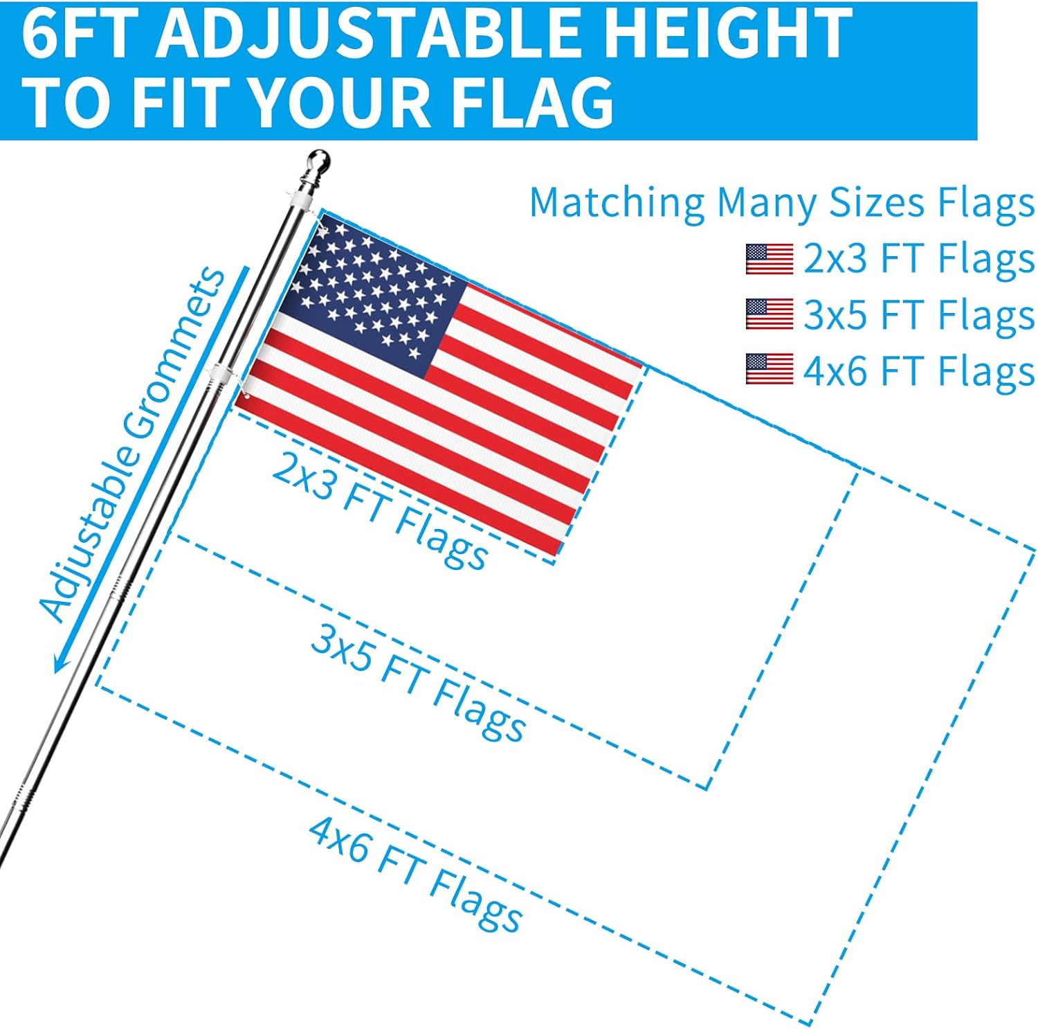 ZMTECH Flag Pole - Upgraded Bracket, 6 FT Stainless Steel Flag Poles for Outside House, Residential or Commerical