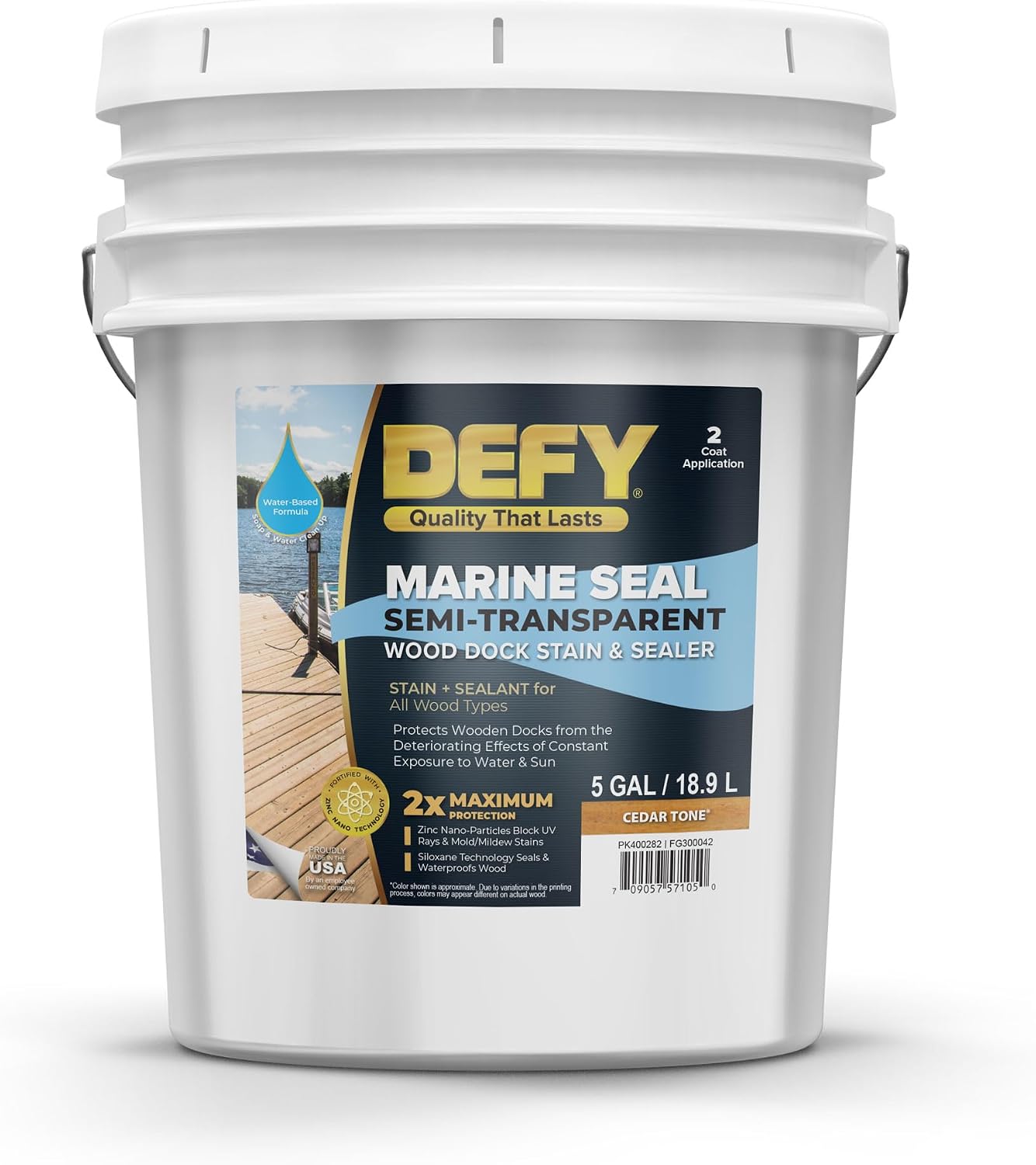 DEFY Marine Seal Semi-Transparent Exterior Wood Stain and Sealer - Waterproof Sealant for Wood Docks, Boat Piers, Marinas, Boardwalks, & More - Cedar Tone - 5 Gallon, Made in USA