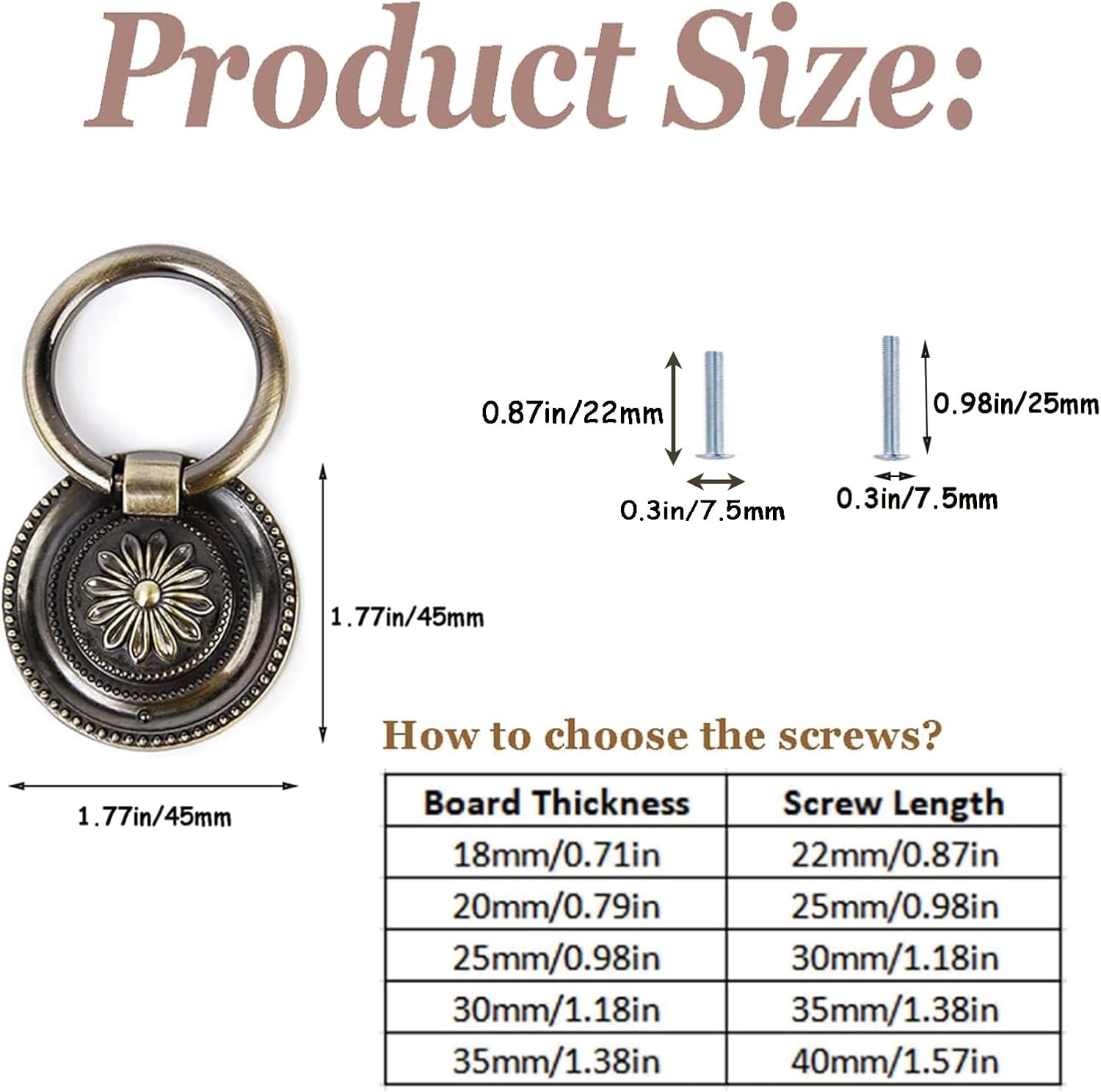1.77 Inch Bronze Antique Drawer Pulls for Cabinet, 6 Packs