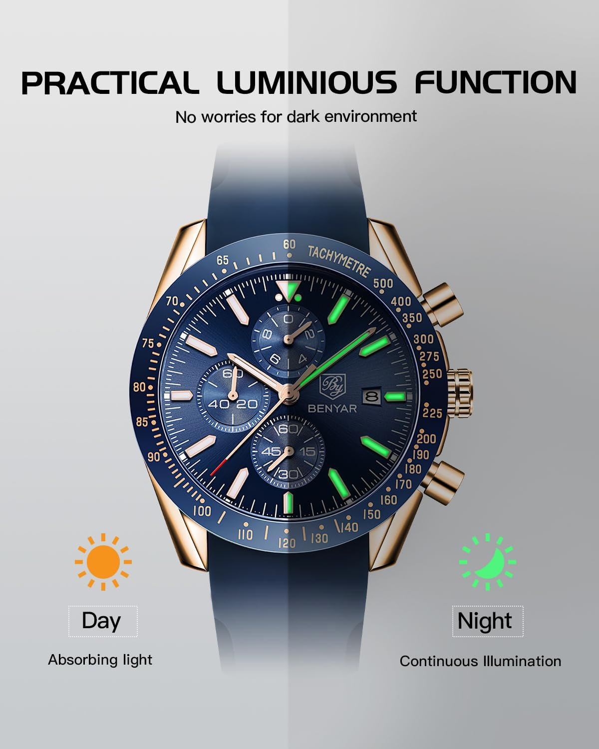 BENYAR Watch for Men Analog Quartz Chronograph Waterproof Luminous Designer Mens Wrist Watches Business Work Sport Casual Dress Watch with Silicone Strap Elegant Gifts for Men
