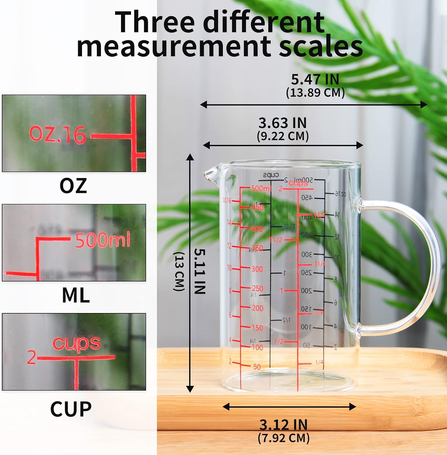 2 Cup Glass Measuring Cup, [Insulated handle, V-Shaped Spout], High Borosilicate Glass Measuring Cup for Kitchen or Restaurant, Easy To Read, 500 ML (0.5 Liter, 2 Cup)