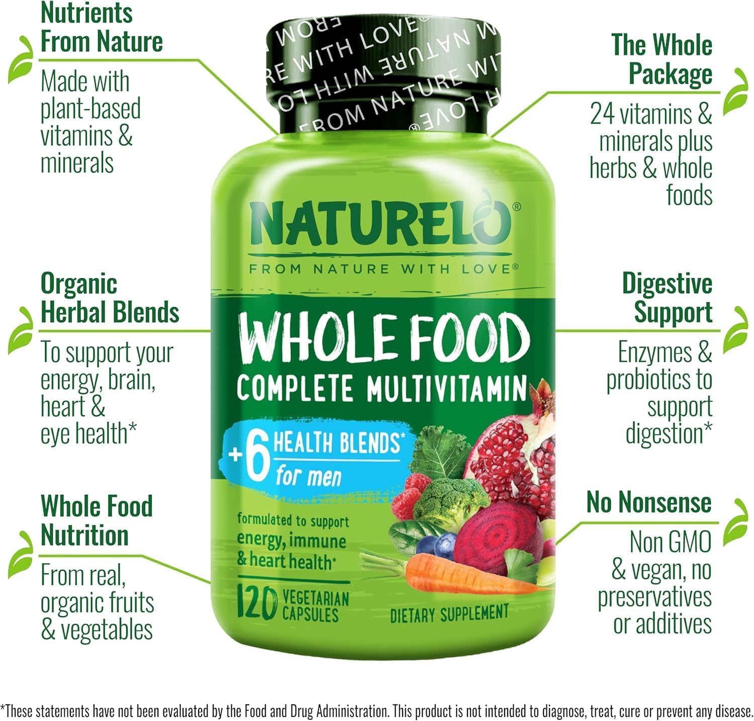 NATURELO Men's Multivitamins - Whole Food Multivitamin for Men, 120 Caps | Vitamins, minerals, vegetarian capsules, energy, brain, heart, eye health*