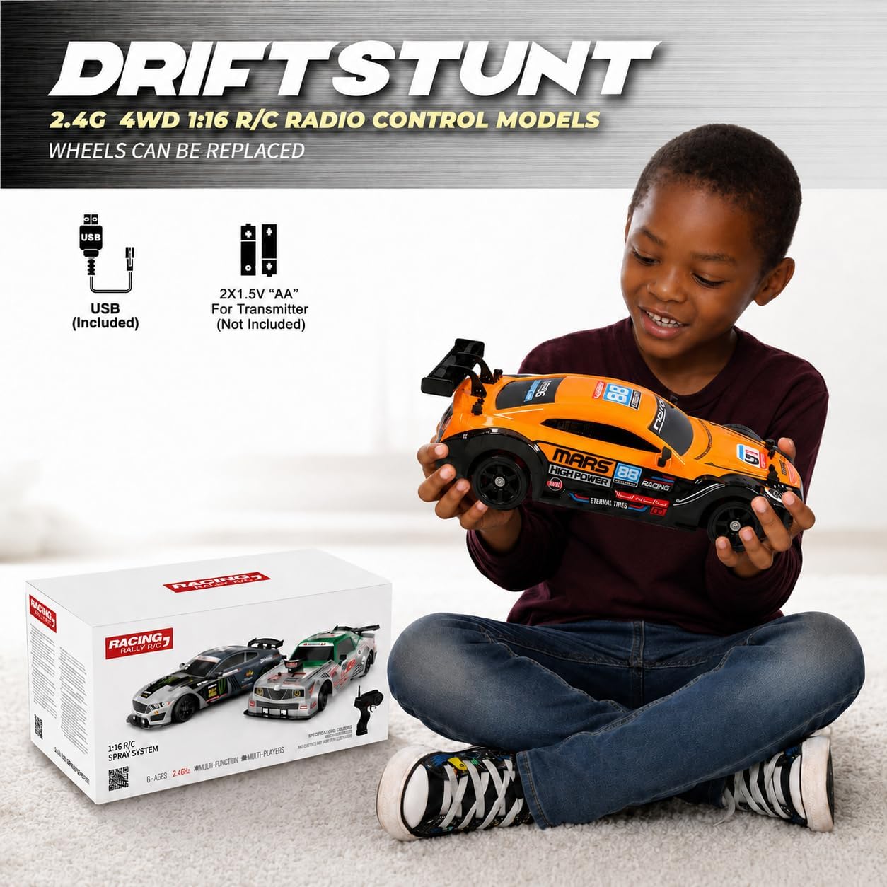 Liberty Imports RC Drift Car 1/16 2.4GHz 4WD Remote Control Sport Racing On-Road Vehicle with LED Light, Batteries and Drift Tires (Red)