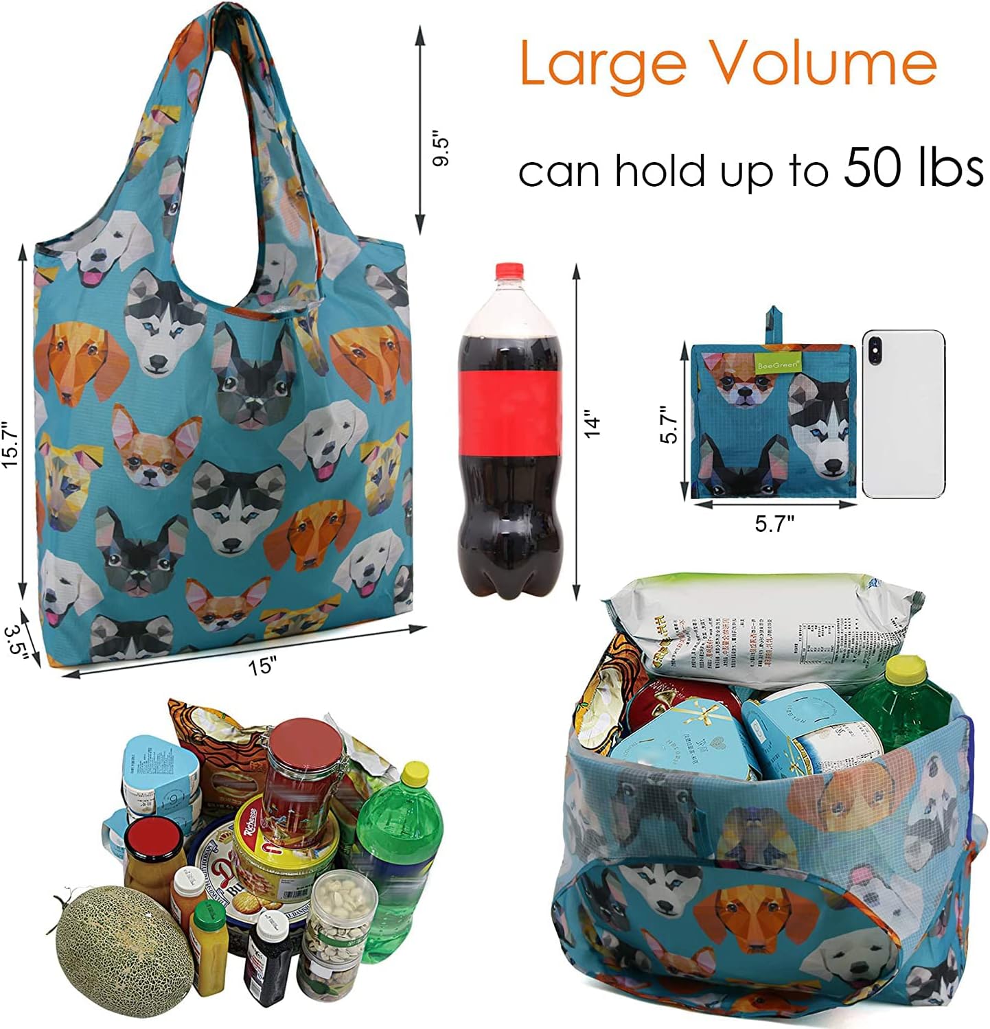 BeeGreen Grocery Bags | Reusable Gift Bags, Large Tote for Women & Foldable Beach Bag - 6 Pack Reusable Bag With Handles | Collapsible Cute Cloth Storage for Market, Holiday & Shopping | Washable​