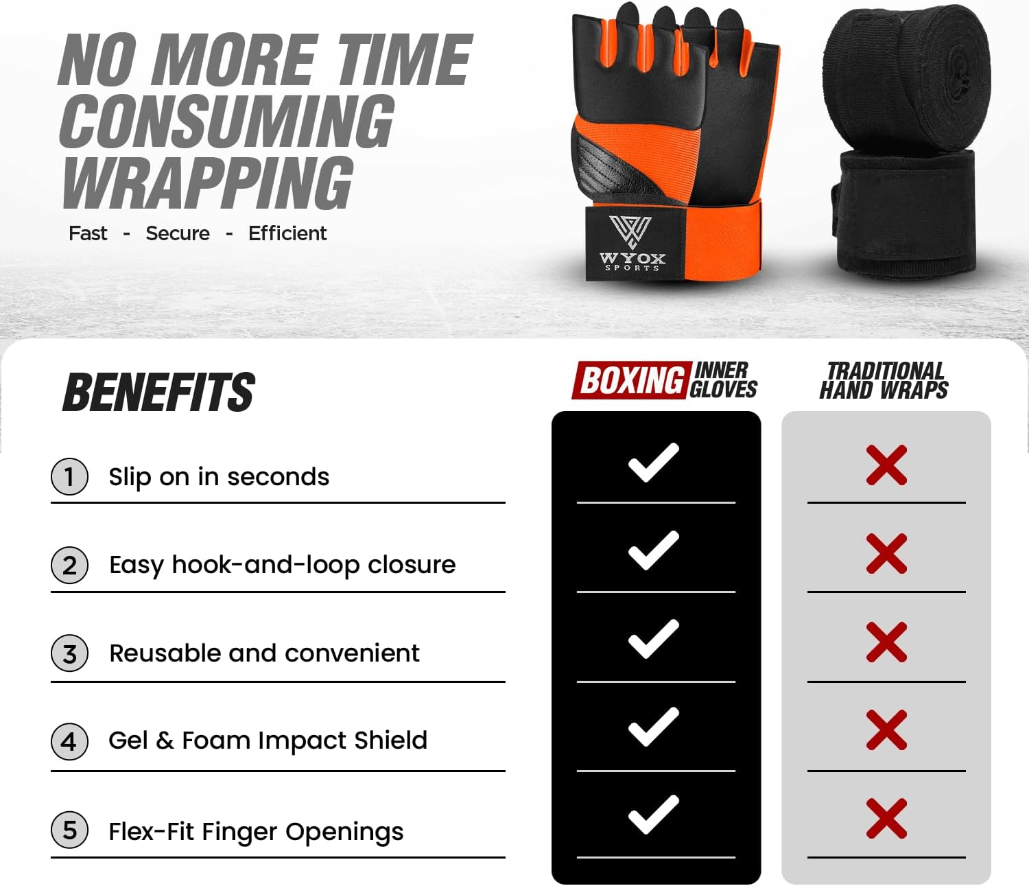 WYOX Neoprene Gel Boxing Hand Wraps Inner Gloves for Men & Women – 80cm/31in Quick Wrist Strap, Padded Knuckle Protection