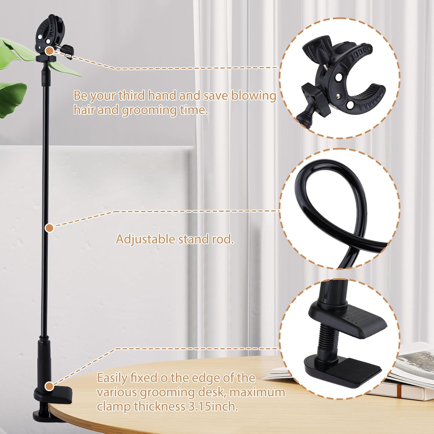 DYNWAVE Dog Hair Dryer Stand, Pet Grooming Table Hair Dryer Holder Hose Tube Holder Hands- Groomers Adjustable Third Arm with Clamp