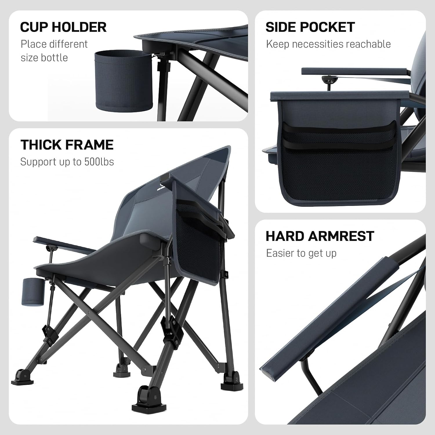 EVER ADVANCED Oversized Folding Camping Chair for Adults with Adjustable Lumbar Support, Heavy Duty Chair with Side Pockets, Portable Collapsible Quad Chair for Outside