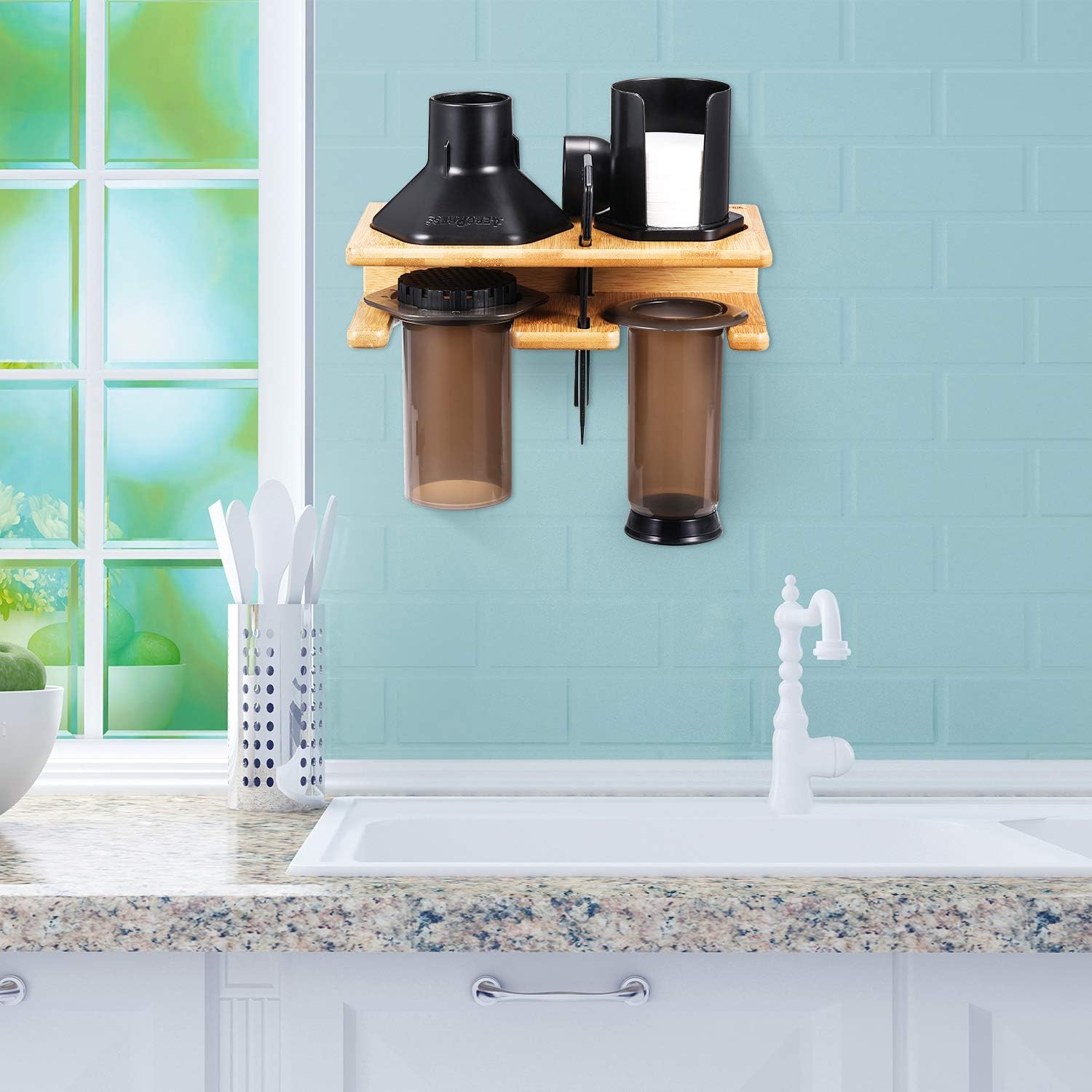 Space Saving Organizer Wall Mount for Aeropress set, Polished Bamboo