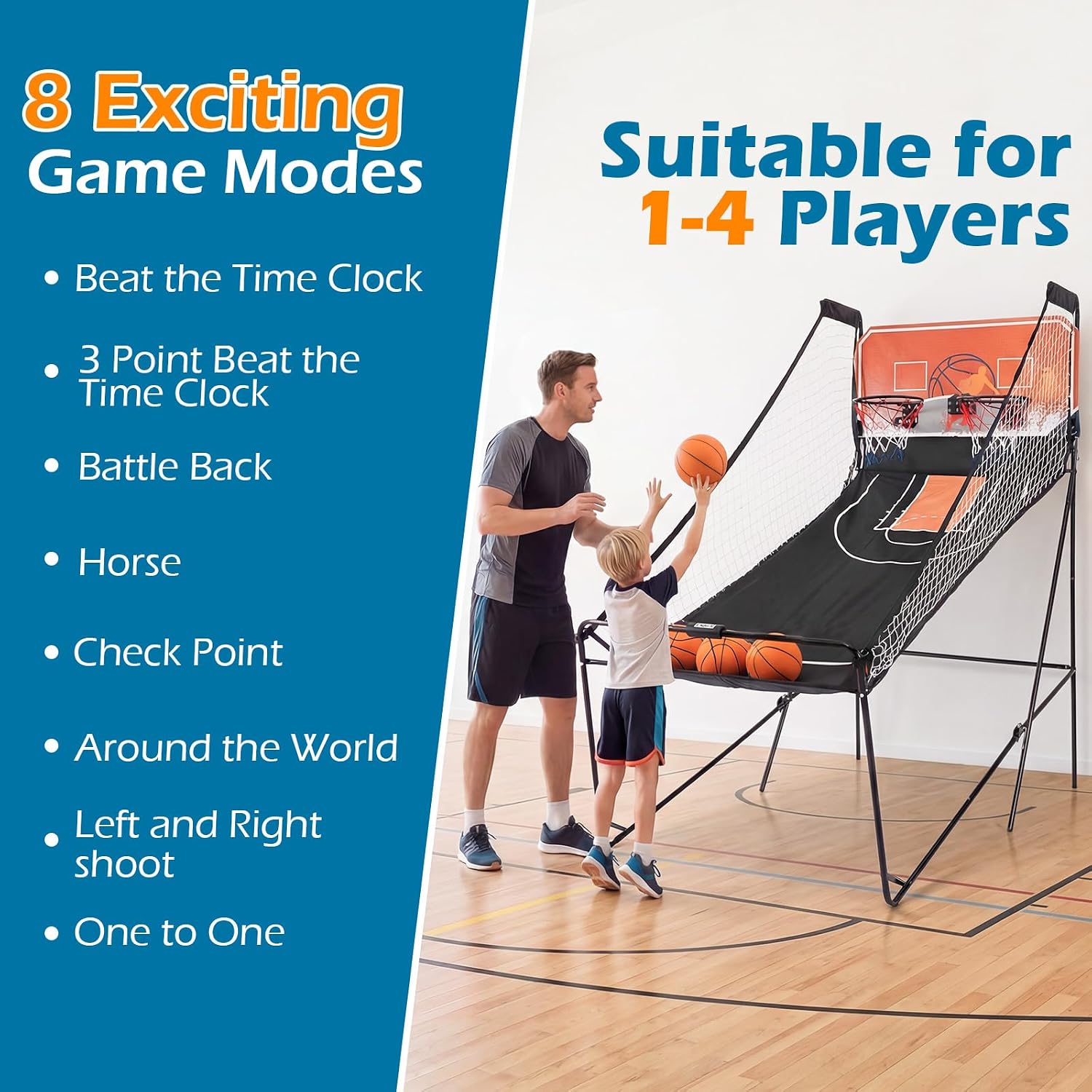 GYMAX Arcade Basketball Game Indoor Foldable with 8 Game Modes, Arcade Sound, 4 Balls and Inflation Pump, Electronic Basketball Games for All Ages Home