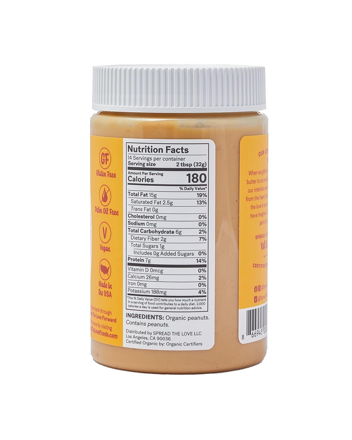 Spread The Love NAKED Organic Peanut Butter, 16 oz Jar, 1 Pack