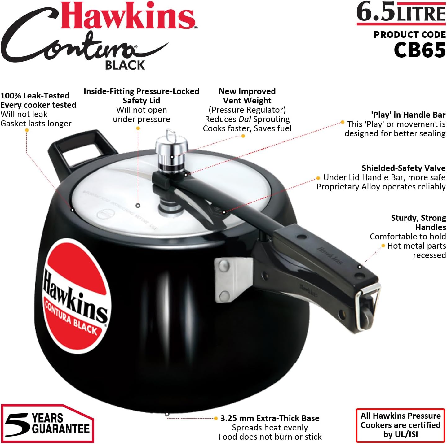 Hawkins 3.5 Litre Contura Black Pressure Cooker, Hard Anodised Inner Lid Cooker, Handi Cooker, Black (CB35)