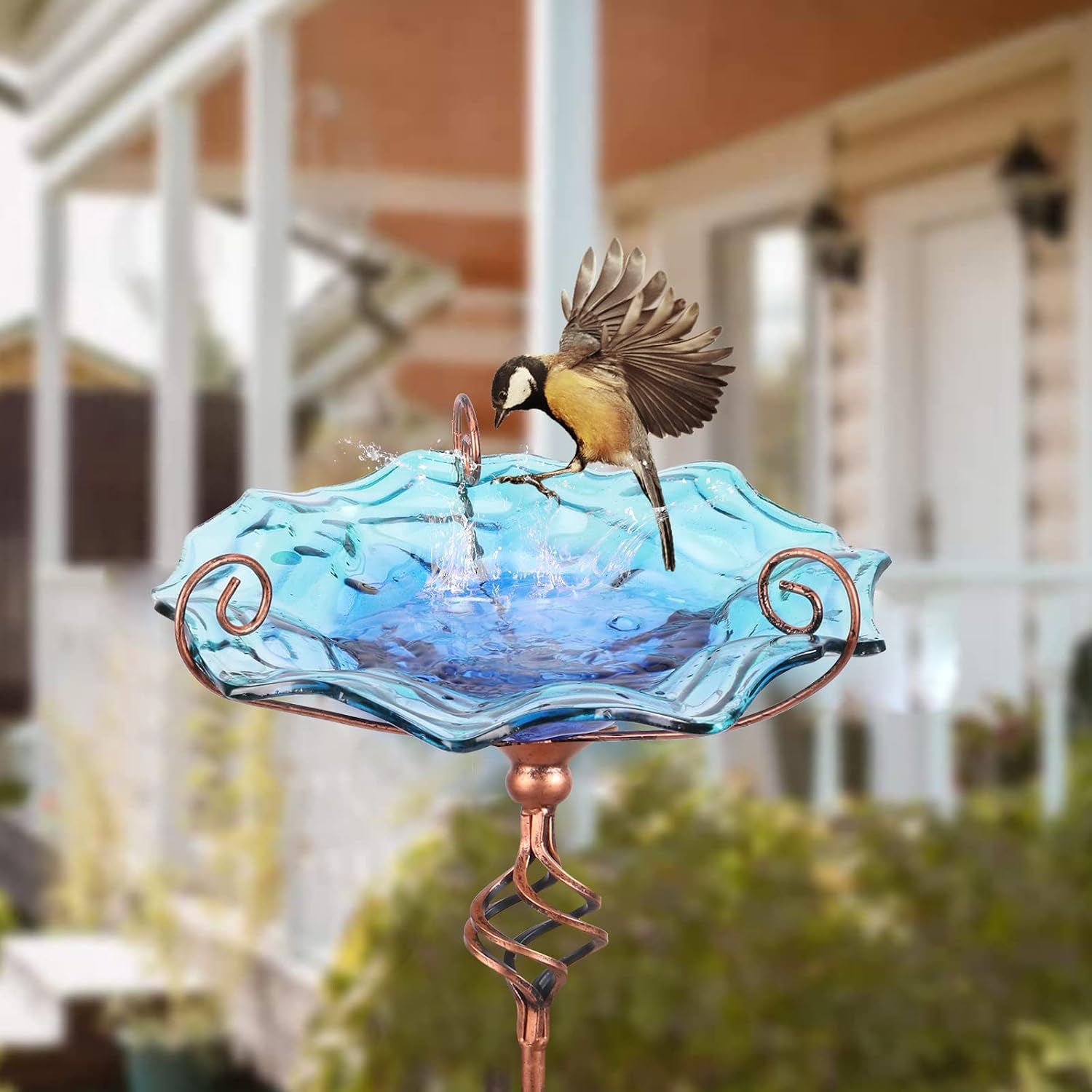 VCUTEKA Glass Bird Bath Outdoor Birdfeeder with Metal Stake Garden Decor