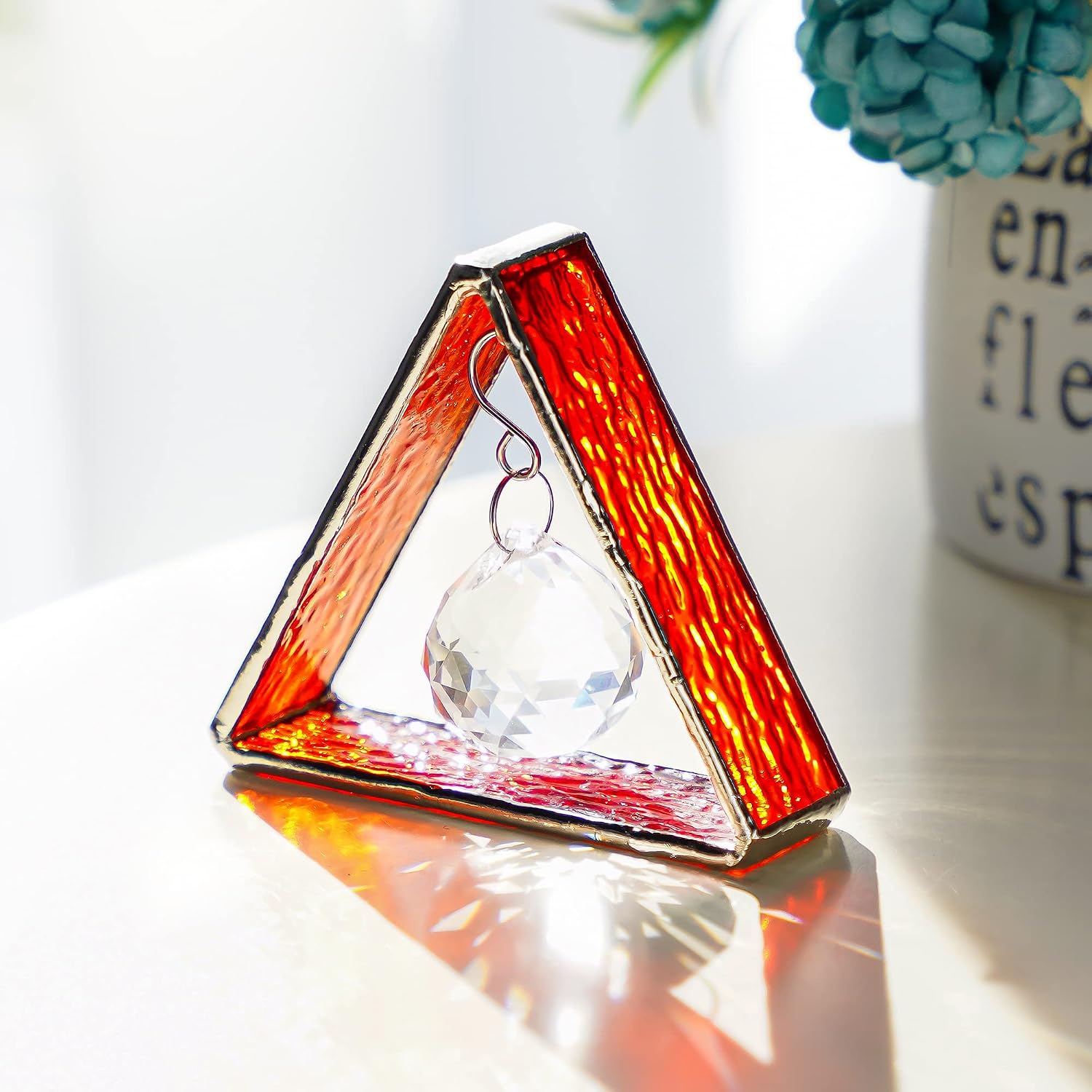 Green Stained Glass Pyramid Suncatcher Window Hanging Prism Decor