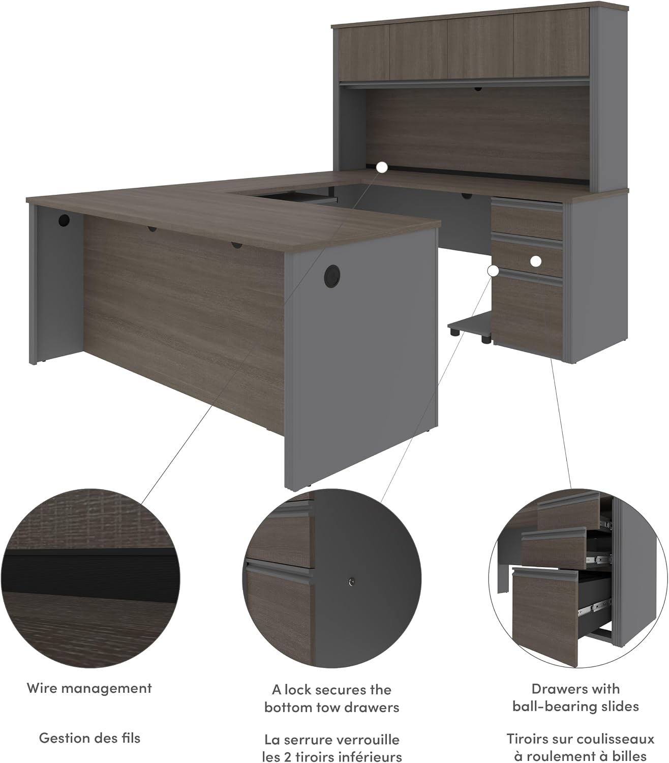 Bestar Prestige + 72W U-Shaped Executive Desk with 2 Pedestals and Hutch in White Chocolate & Antigua | With 2 Pedestals and Hutch; with Narrow Desk Shell, Desk Shell, Desk Bridge, Keyboard Tray, CPU Stand; stands 67 in. tall