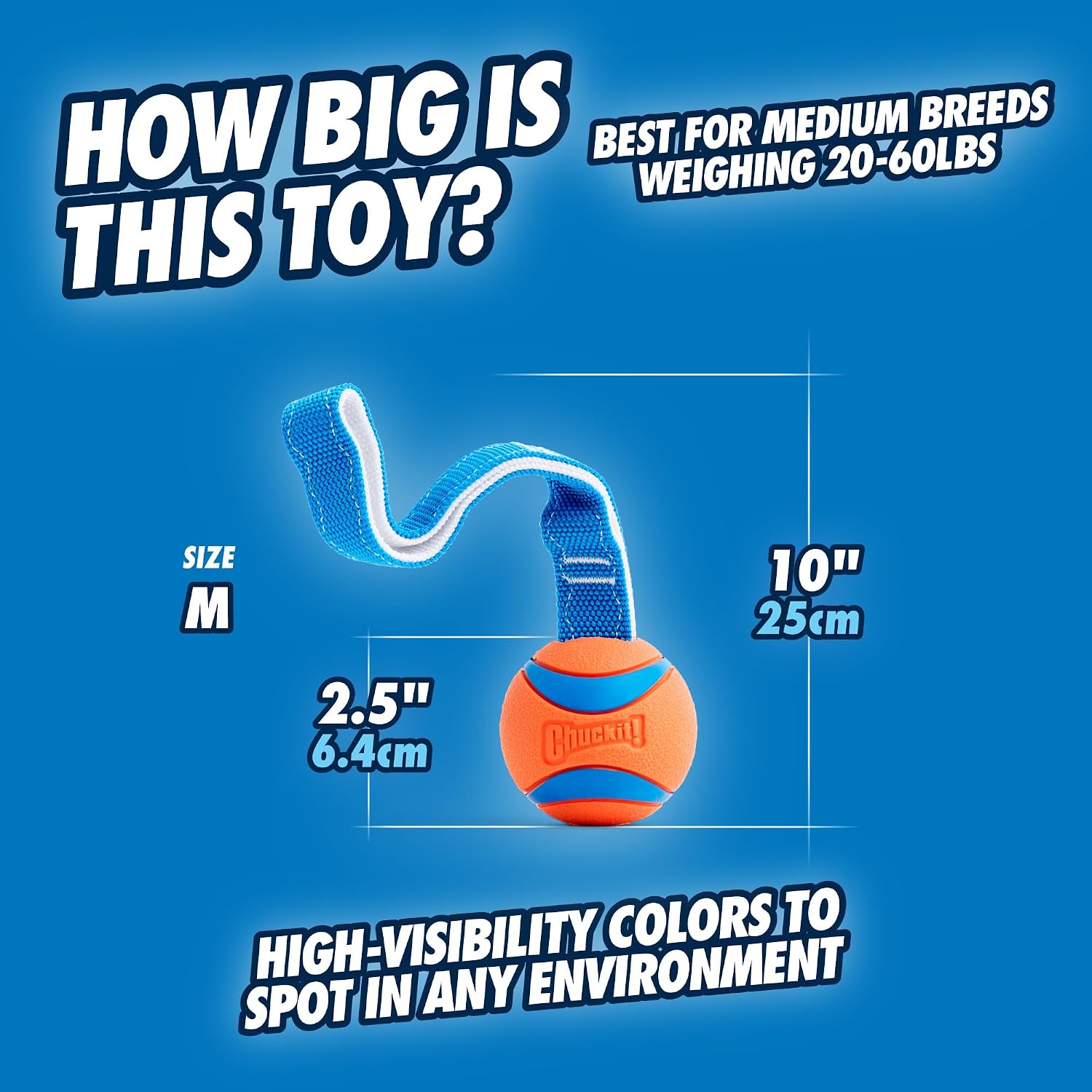 Chuckit! Ultra Tug Dog Toy - Ultra Ball on a Durable Nylon Cord Handle - Fetch and Tug-of-War Toy for Dogs - Size Large - For Breeds 60-100 lbs - 3-inch Diameter - Orange and Blue