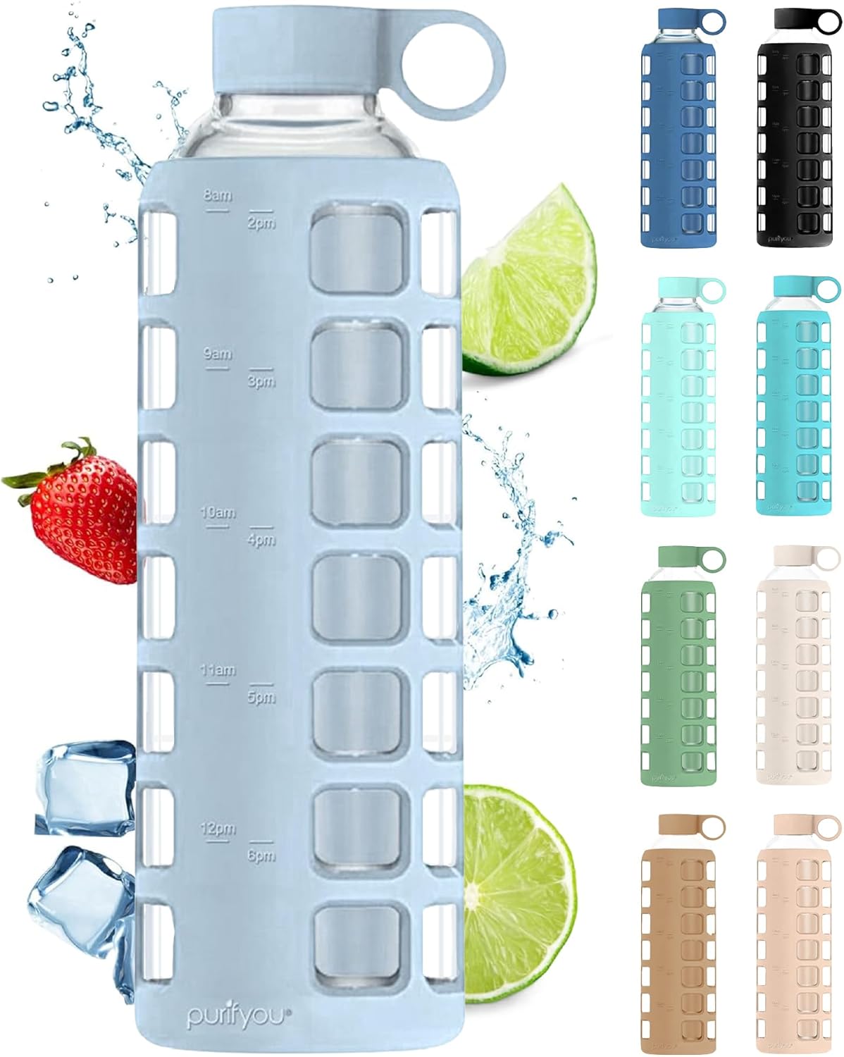 purifyou 40oz / 32oz / 22oz / 12oz Borosilicate Glass Water Bottle with Time & Volume Markers, Silicone Sleeve