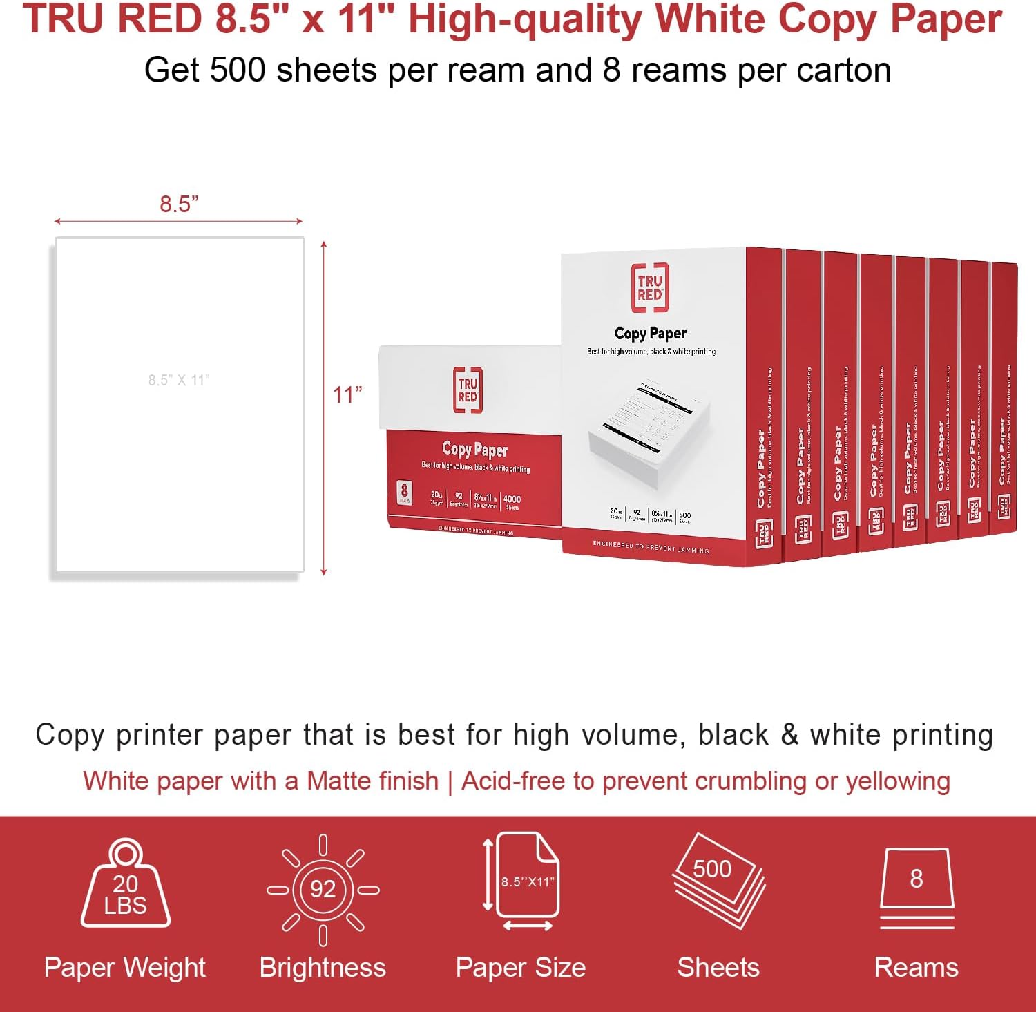 Staples TRU RED Copy & Printer Paper, 8.5 x 11, 20 lb, 92 Bright, 5,000 Sheets/Carton, White Letter Size Paper for Office, School & Home