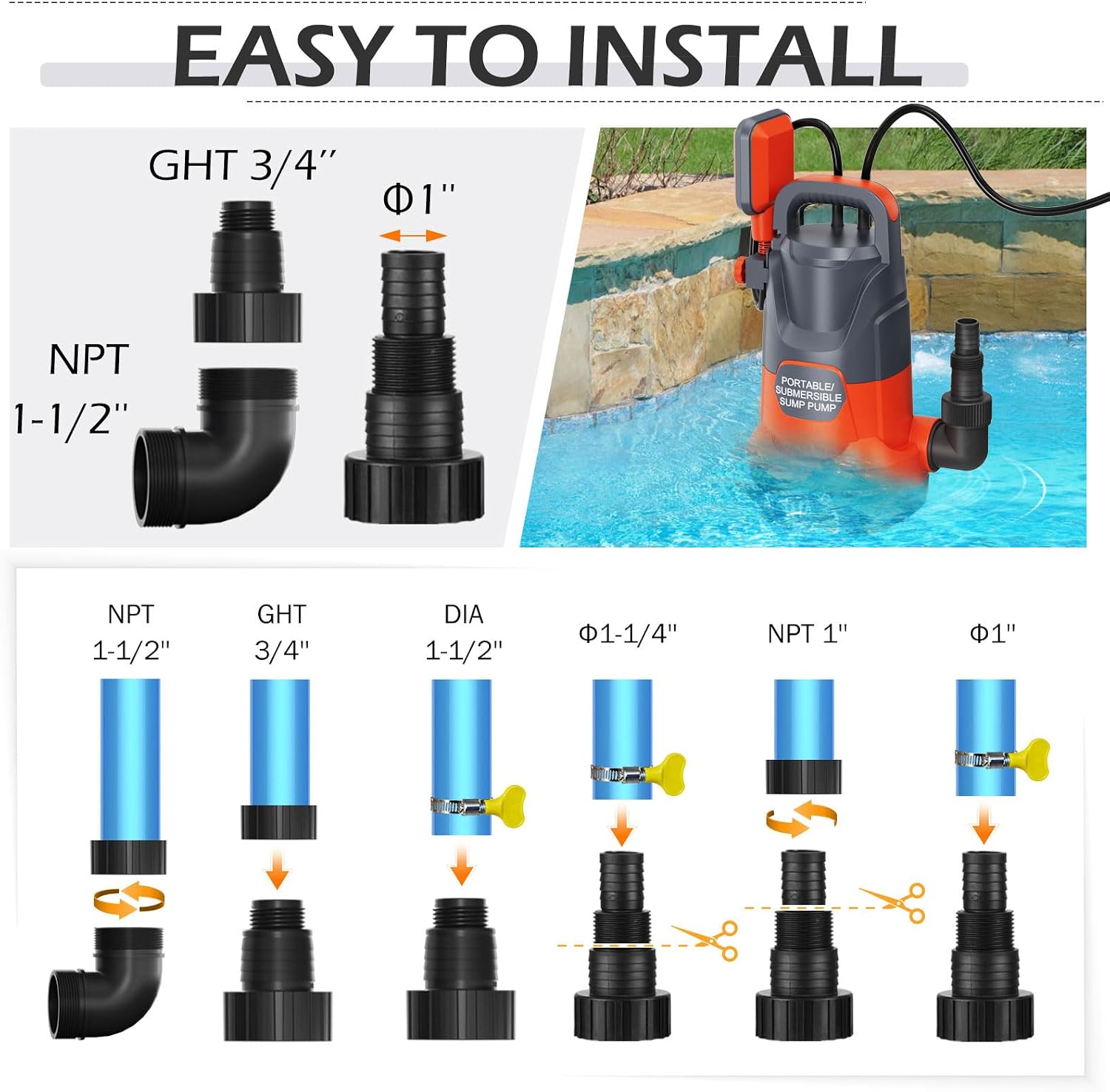 Automatic Sump Pump with Float Submersible Utility Water Pump 1HP | Pool Draining Pump with Adapters