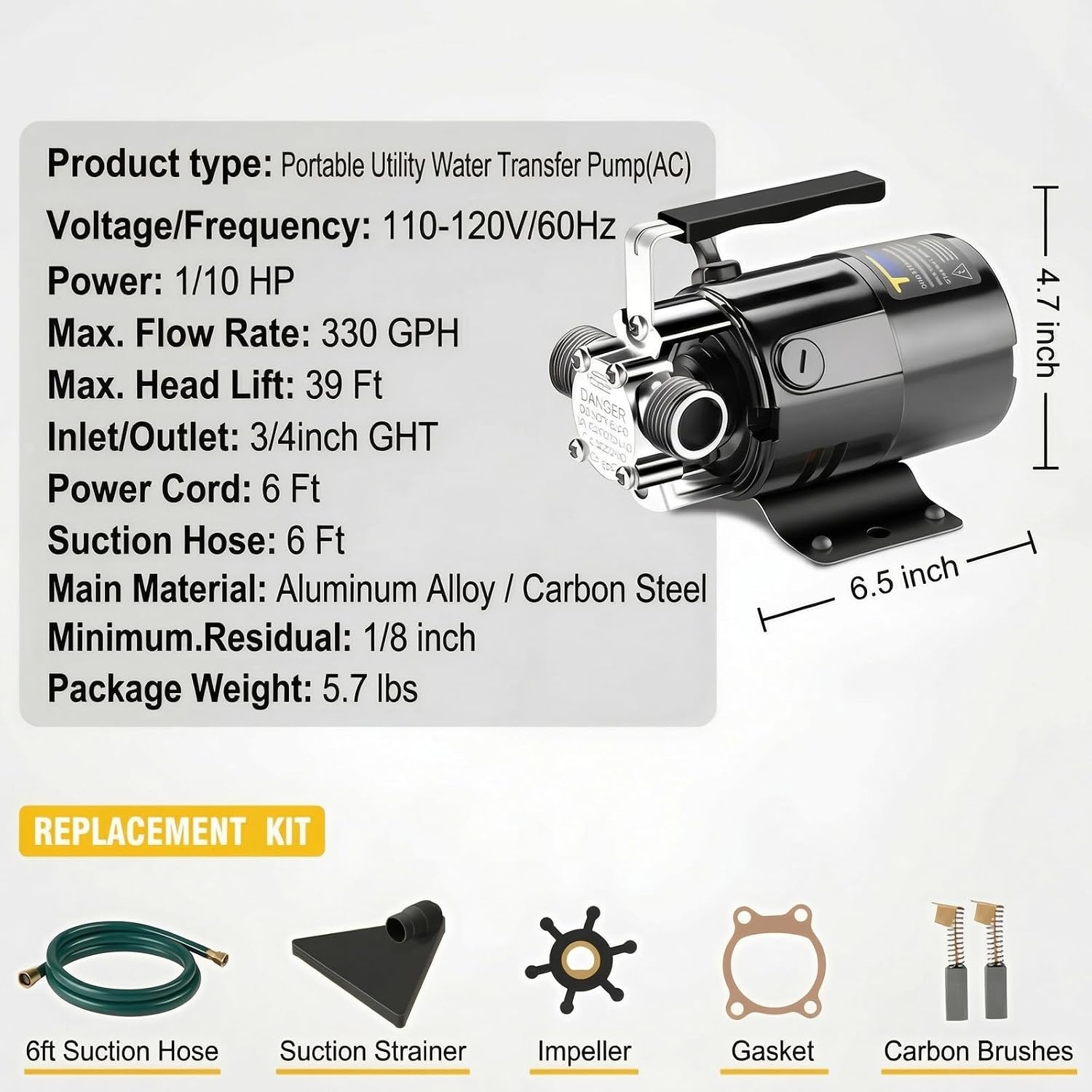 Water Transfer Pump, 115V 1/10HP 330GPH Electric Utility Water Pump with 6ft Water Hose Kit, Portable Small Water Pump For Pool Draining, Removing Water From Rain Barrel, Aquariums, etc.